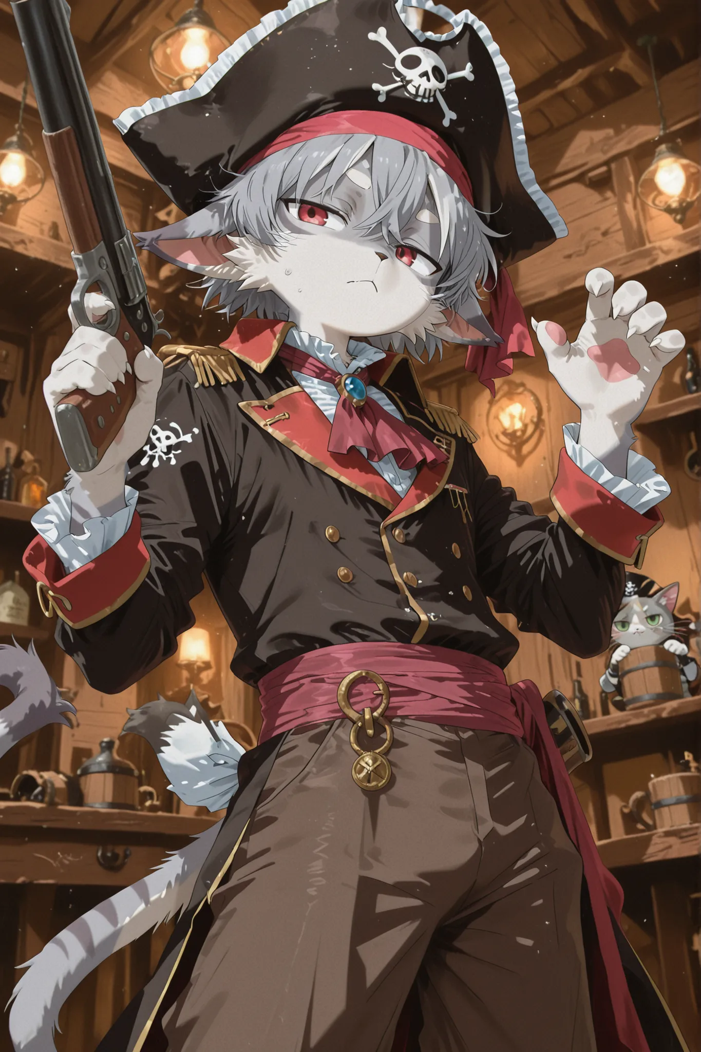 furry, pirate cat, male, pirate hat, gun, gray fur, glossy fur, red eyes, tail, gray hair, pirate outfit, kemono style"