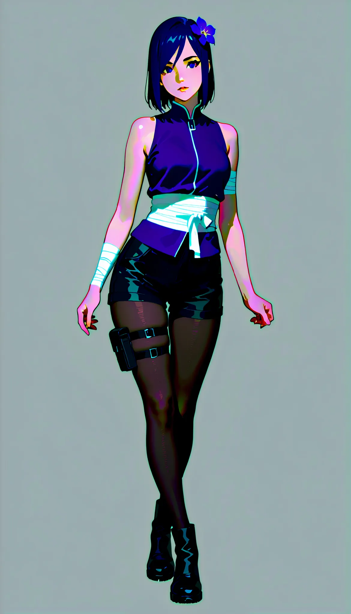 A female anime woman walking confidently through a dreamy twilight field filled with violet flowers. The art style should closely match that of Naruto or similar shounen anime, with clean linework and soft shading. She has medium-length hair styled in a lo...