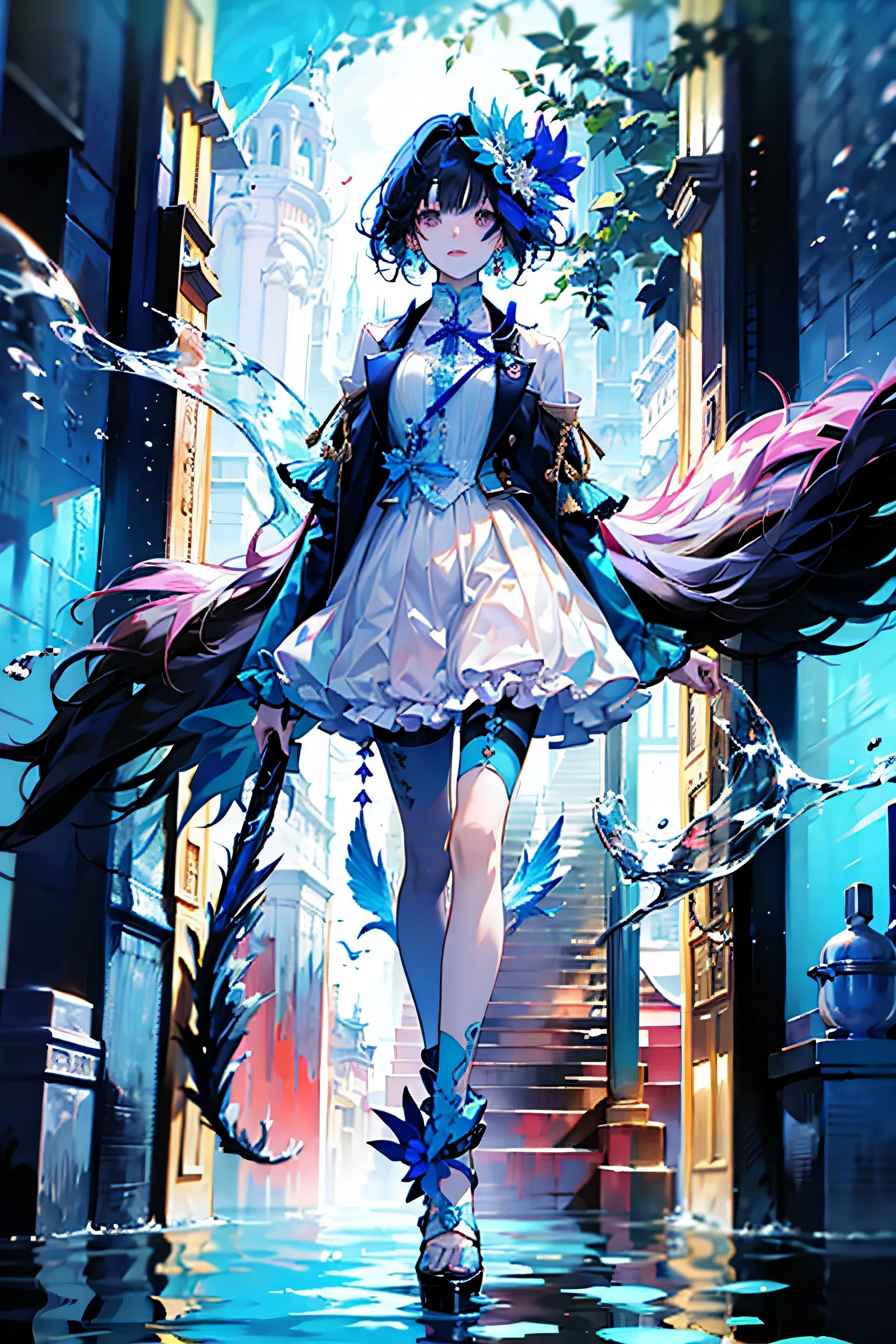 A beautiful girl around 20 years old standing gently on a calm water surface, smiling softly. 
She has long, fluffy, half-up hair in pale pink, with round, droopy eyes in pastel blue and lavender, and soft eyebrows. 
Wearing a pastel sweet lolita dress in ...