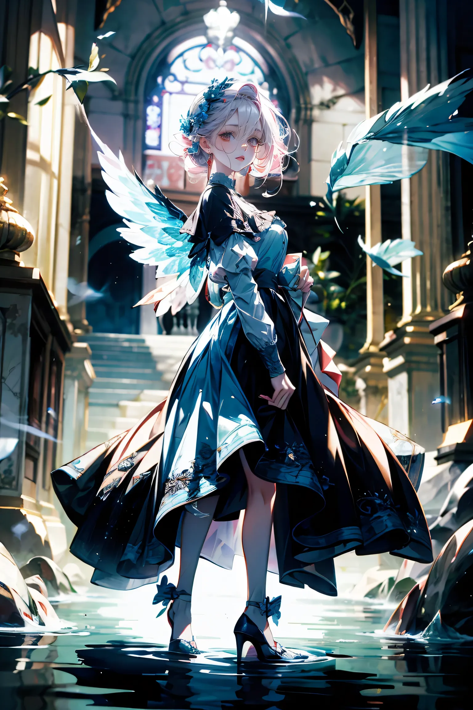 A beautiful girl around 20 years old standing gently on a calm water surface, smiling softly.
She has long, fluffy pale pink hair, styled in a half-up hairdo, with round, droopy eyes in pastel blue and lavender, and soft eyebrows.
Wearing a pastel sweet ...