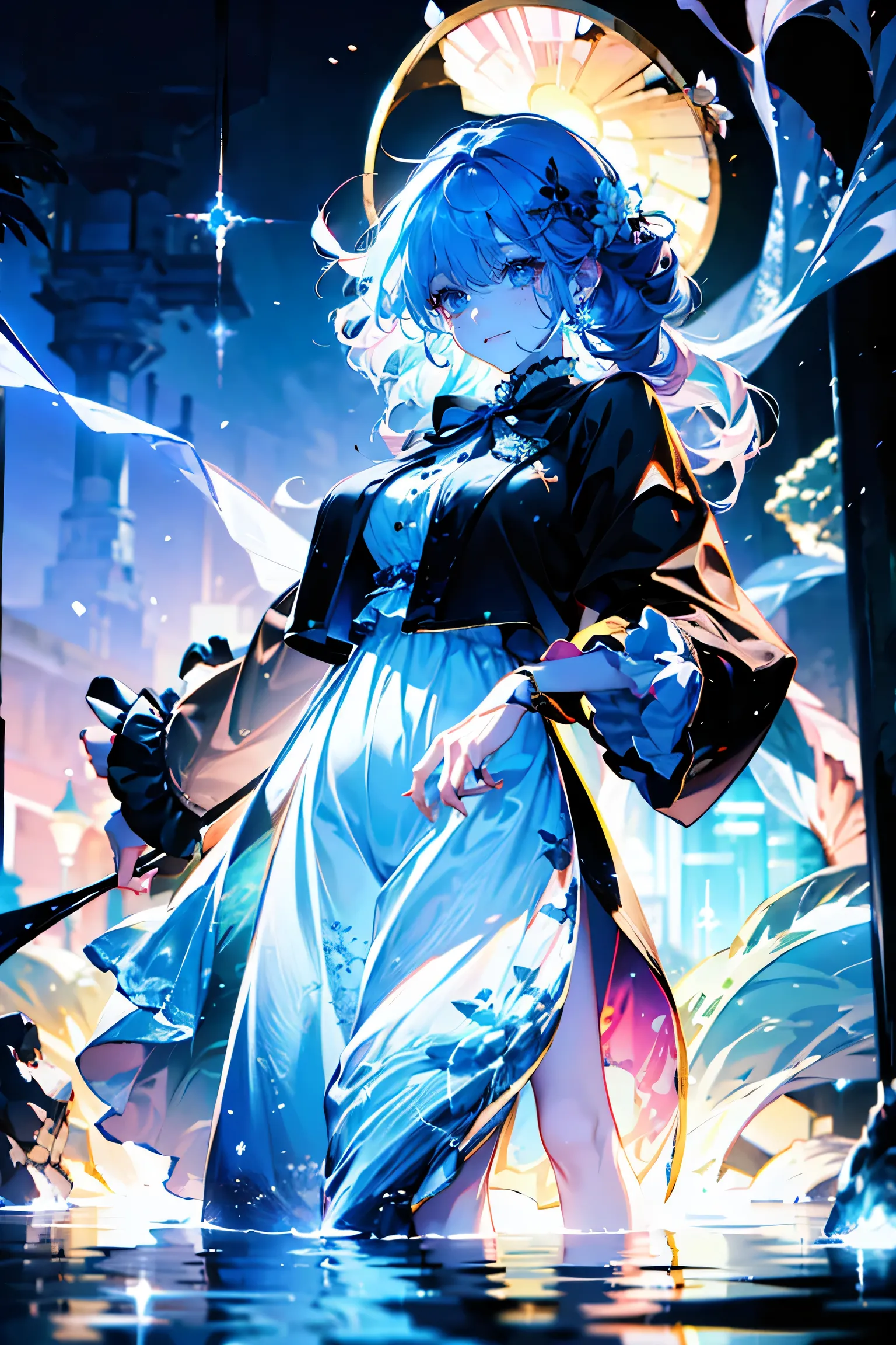 A beautiful girl around 20 years old standing gently on a calm water surface, smiling softly.
She has long, fluffy pale pink hair, styled in a half-up hairdo, with round, droopy eyes in pastel blue and lavender, and soft eyebrows.
Wearing a pastel sweet ...