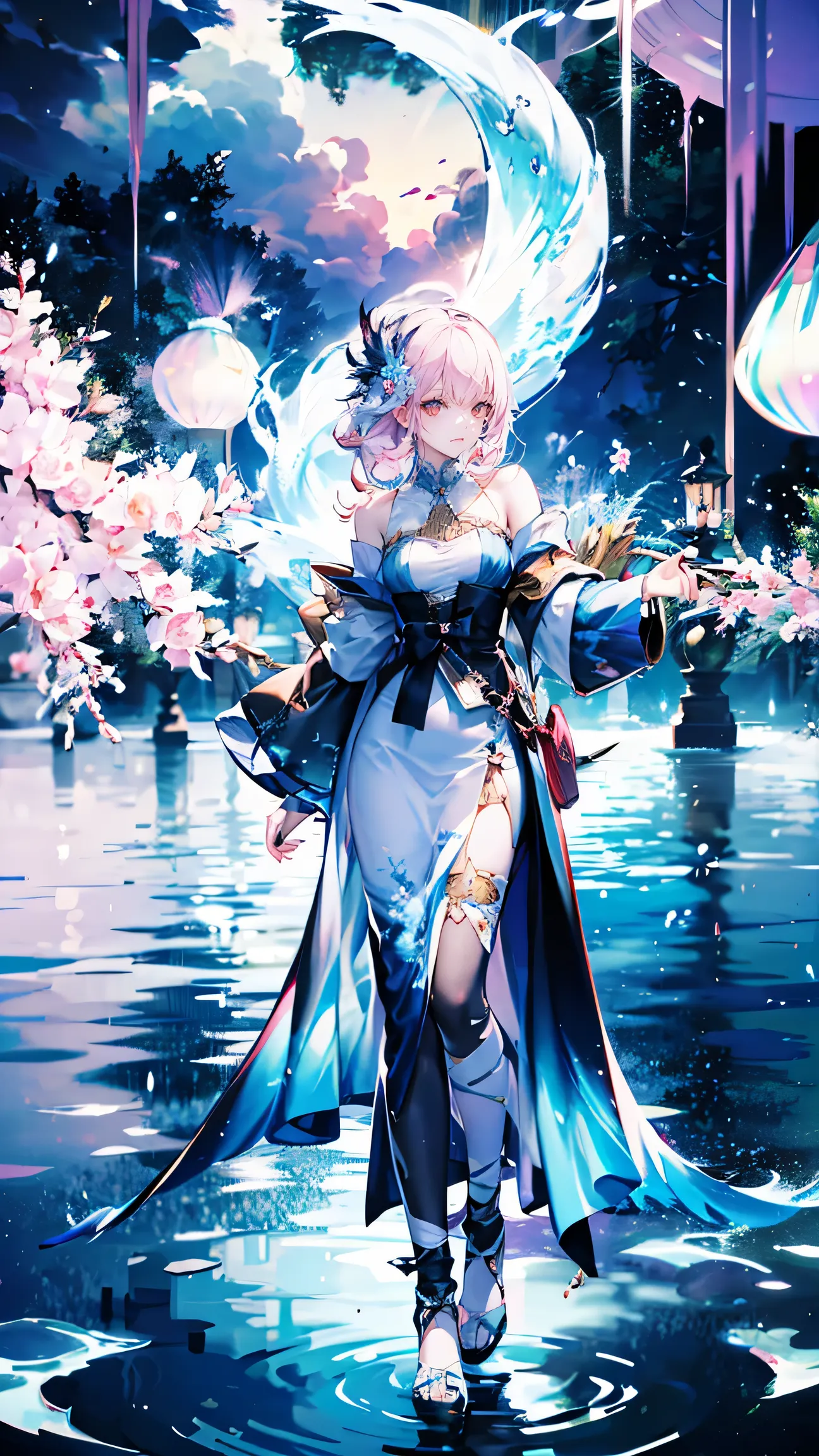 A beautiful girl around 20 years old standing gently on a calm water surface, smiling softly.
She has long, fluffy pale pink hair, styled in a half-up hairdo, with round, droopy eyes in pastel blue and lavender, and soft eyebrows.
Wearing a pastel sweet ...