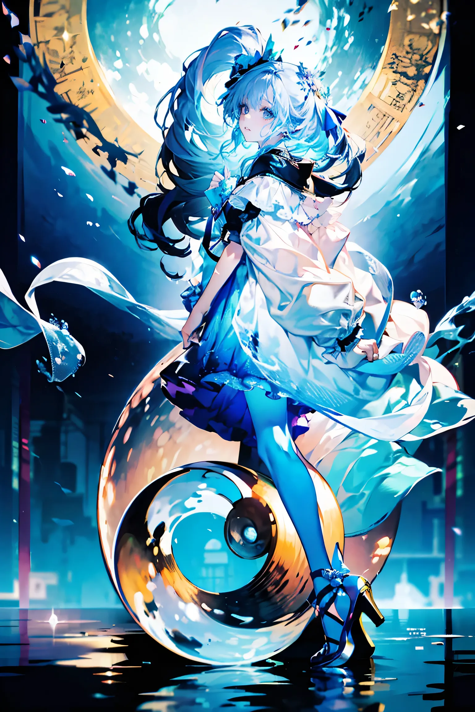 A beautiful girl around 20 years old standing gently on a calm water surface, smiling softly. 
She has long, fluffy pale pink hair, styled in a half-up hairdo, with round, droopy eyes in pastel blue and lavender, and soft eyebrows. 
Wearing a pastel sweet ...