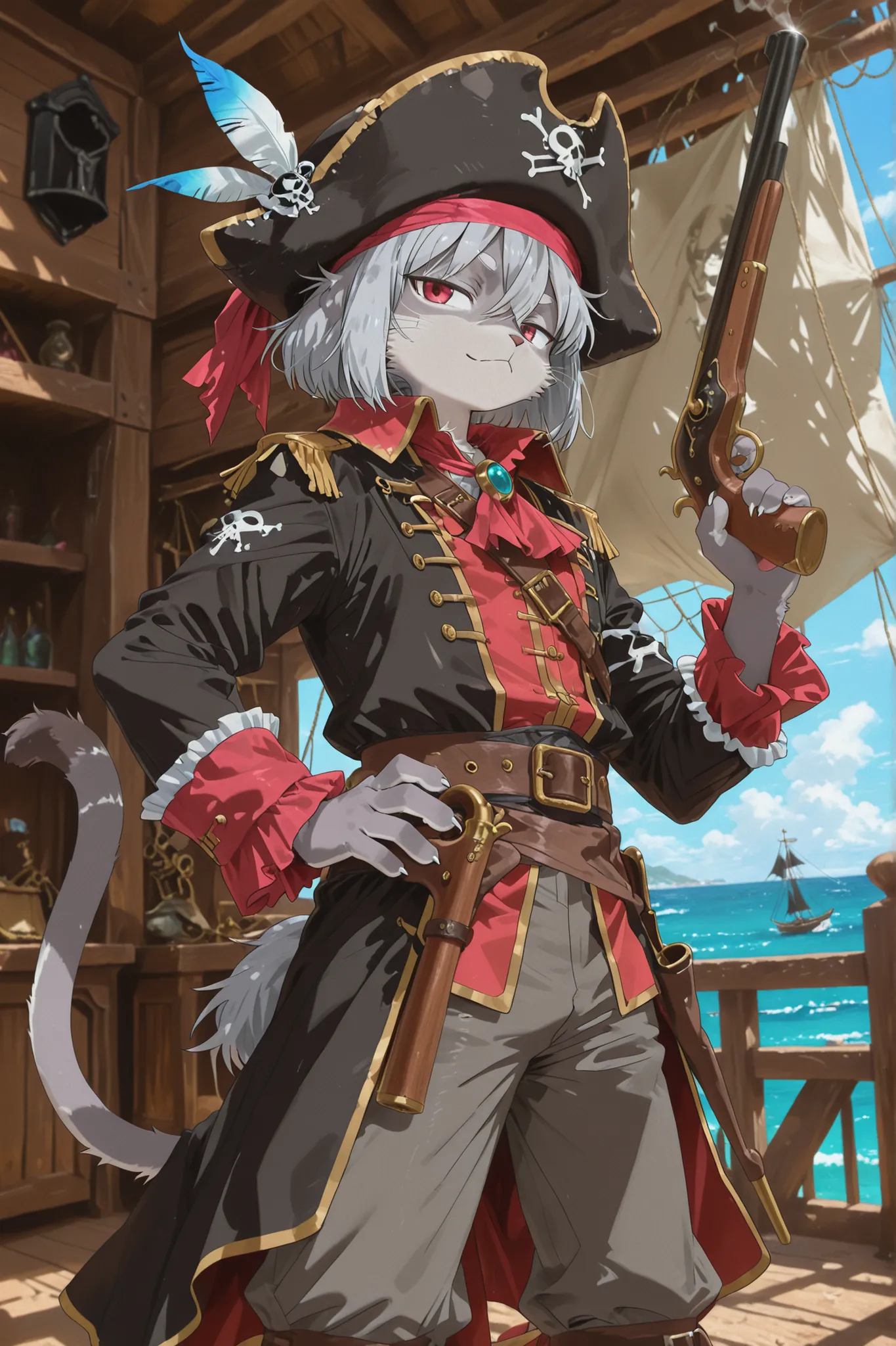 furry, pirate cat, male, pirate hat, hat feather, Flintlock gun, gray fur, glossy fur, red eyes, tail, gray hair, pirate outfit, kemono style" ,sea , standing