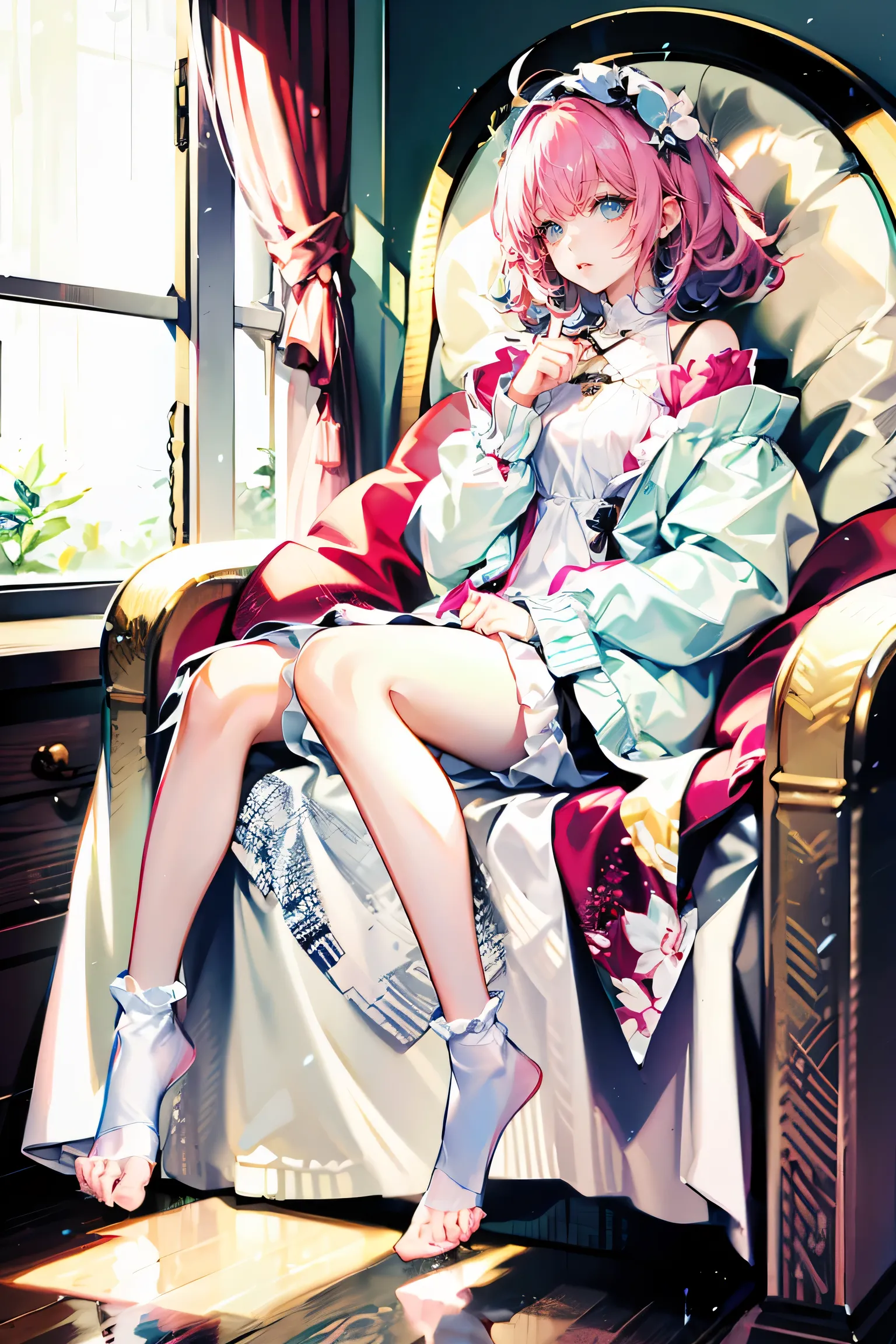 Full body shot of a girl viewed from the front, relaxing by the window at night.
She gazes out at the stormy weather with a calm expression.
She has fluffy, long milk-tea-colored hair, sky blue upturned eyes, arched eyebrows, long lashes, and soft pink l...