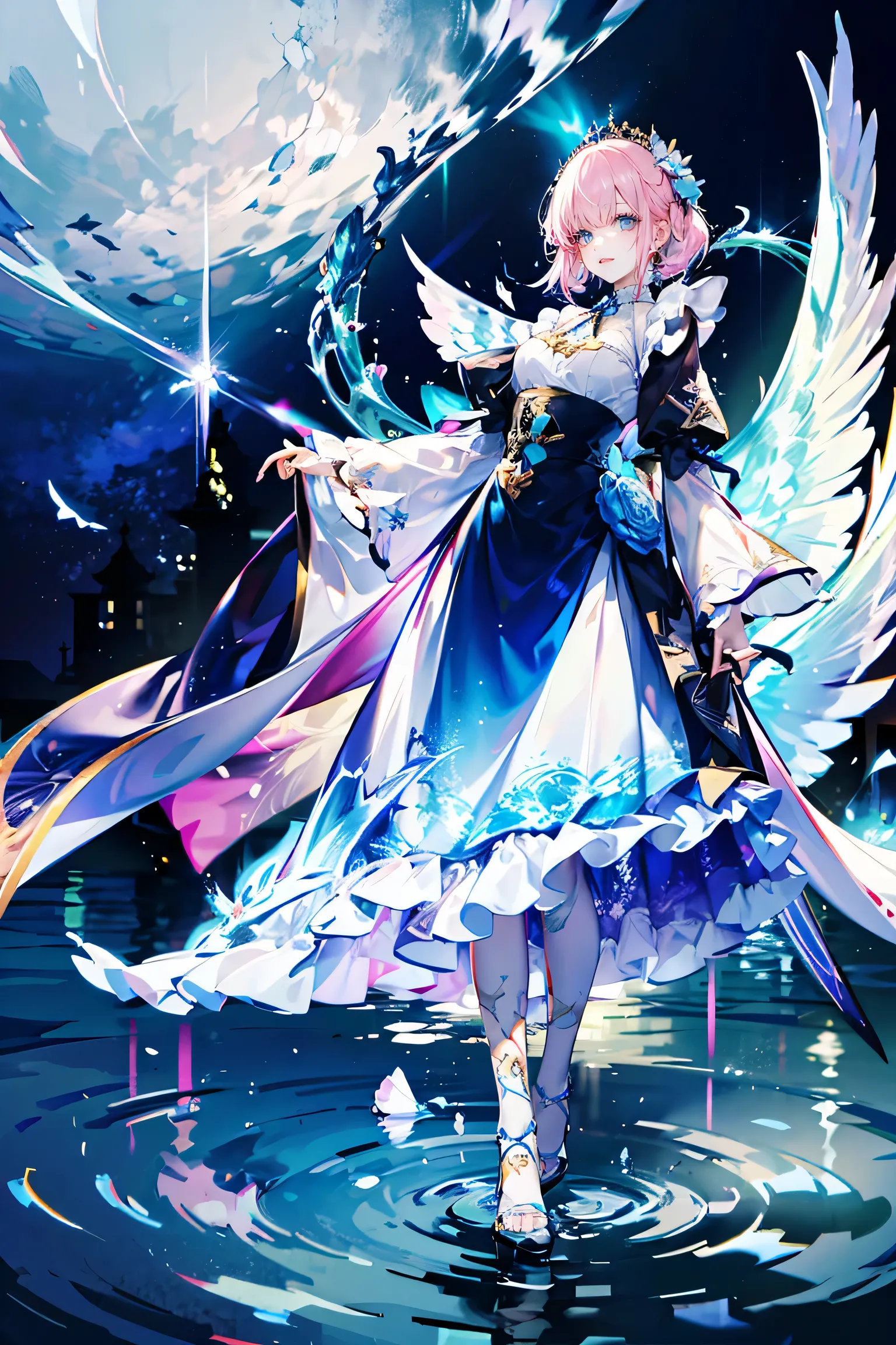 A beautiful girl around 20 years old standing gently on a calm water surface, smiling softly.
She has long, fluffy pale pink hair, styled in a half-up hairdo, with round, droopy eyes in pastel blue and lavender, and soft eyebrows.
Wearing a pastel sweet ...