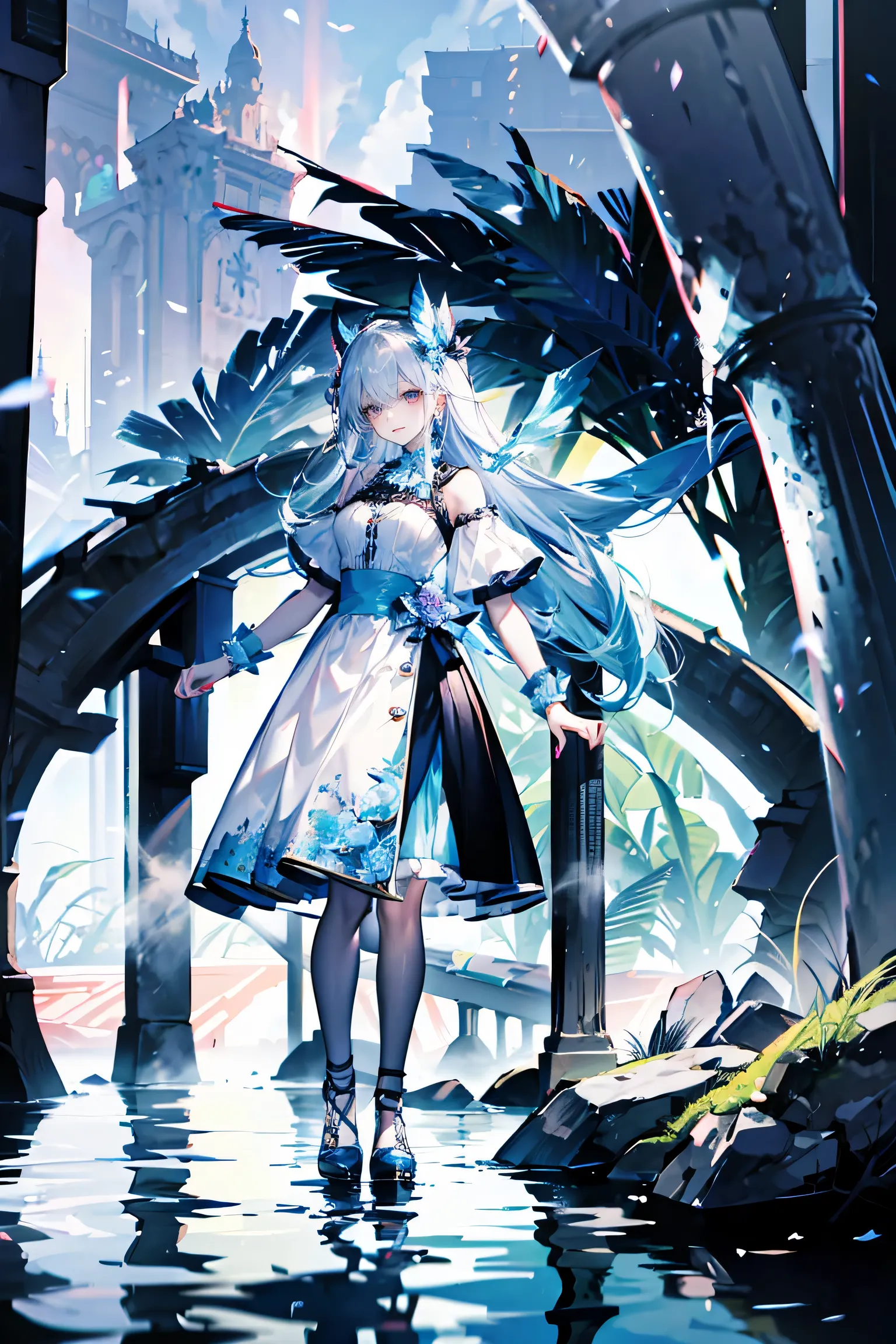 A beautiful girl around 20 years old standing gently on a calm water surface, smiling softly.
She has long, fluffy, (half-up hair in pale pink:1.0), with round, droopy eyes in pastel blue and lavender, and soft eyebrows.
Wearing a pastel sweet ta dress i...