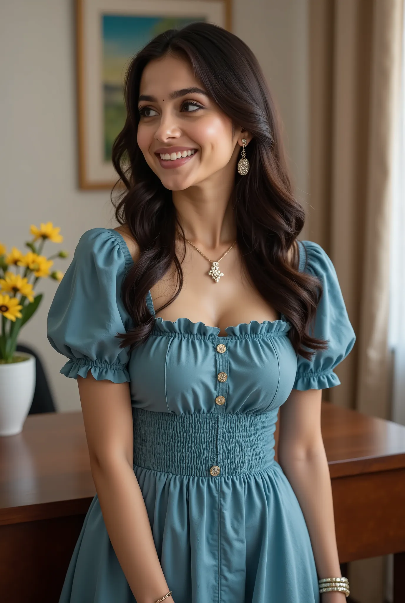 anaswarasdxl, Full image of a beautiful young girl smiling, looking aside, Indian skin tone, light brown eyes, fox-eyelashes, silver color eyeshadow, glossy red lips. Her hairs are long, brown and wavy. She is wearing a steel-blue Puff Sleeve Cinch Waist D...