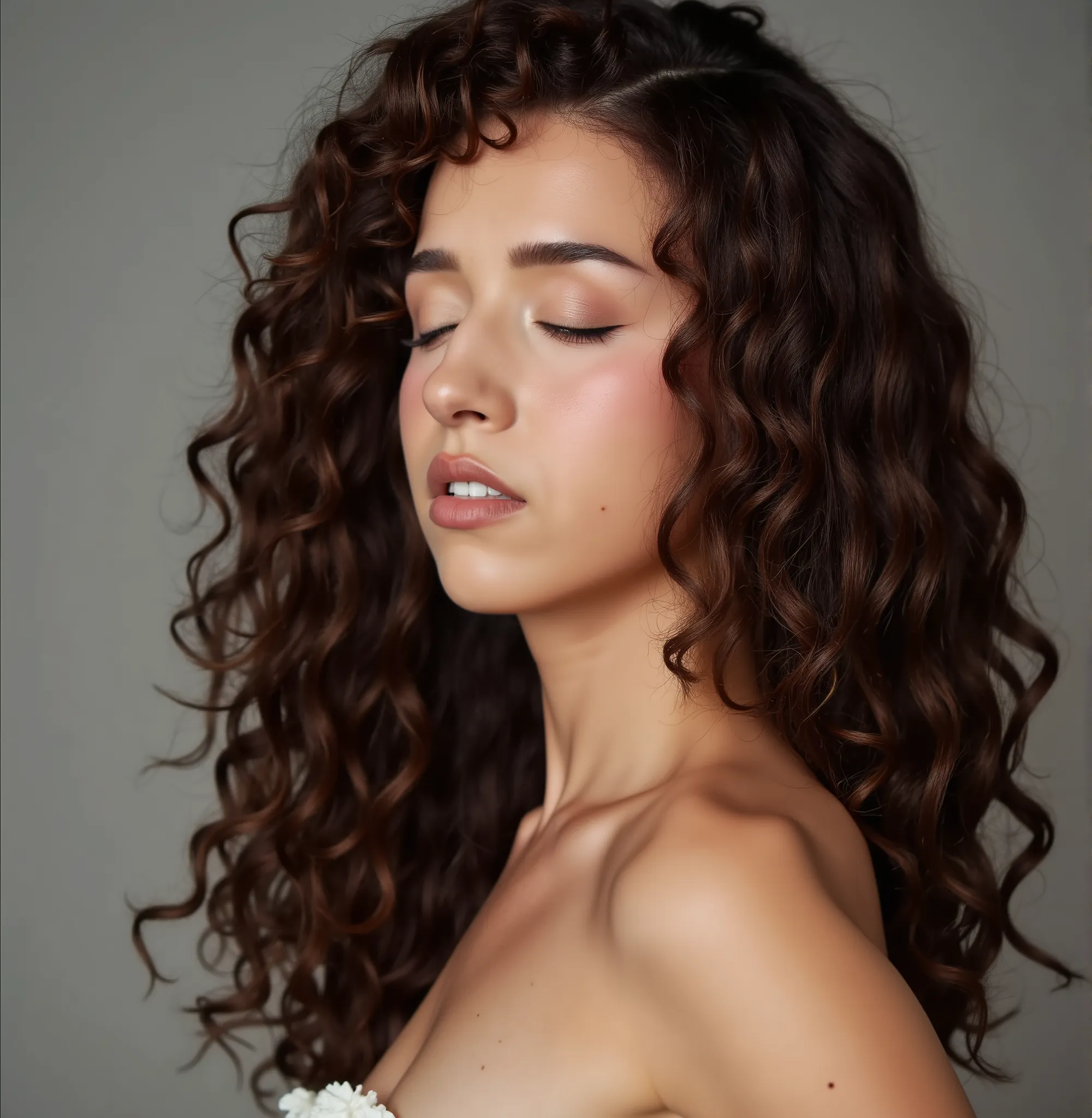 pokimane, A studio photography of a beautiful woman with her eyes closed, shot on sony a7riv camera, indoor, soft diffused studio lighting, minimalistic, photorealism, 4k resolution, ultra high quality, realistic proportions, low contrast, face focused, th...