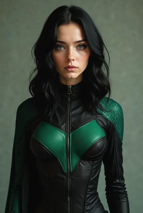 Realistic 21-year-old female character,  pale skin, blue eyes, serious look, long black hair, She is the daughter of Super Girl and Lena Luthor, has a costume like that of Super Girl but the colors are black and green