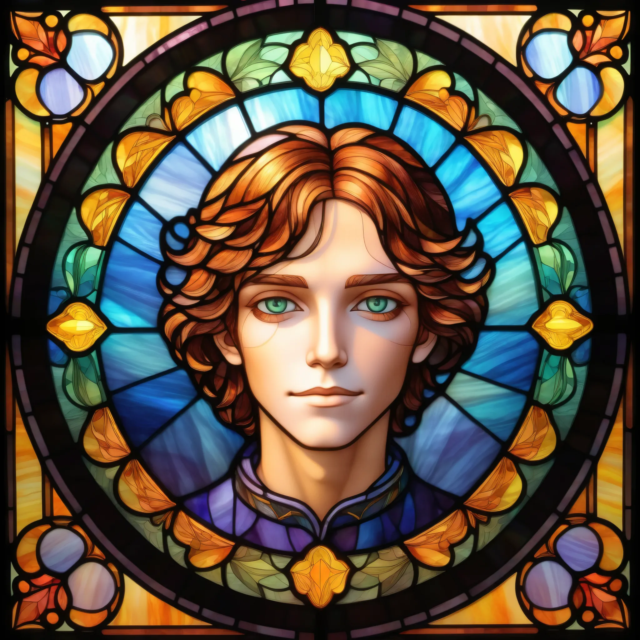 2D Stained Glass window, [friend] in window frame. symmetrical design, in the style of stained glass. Digital stained glass style.