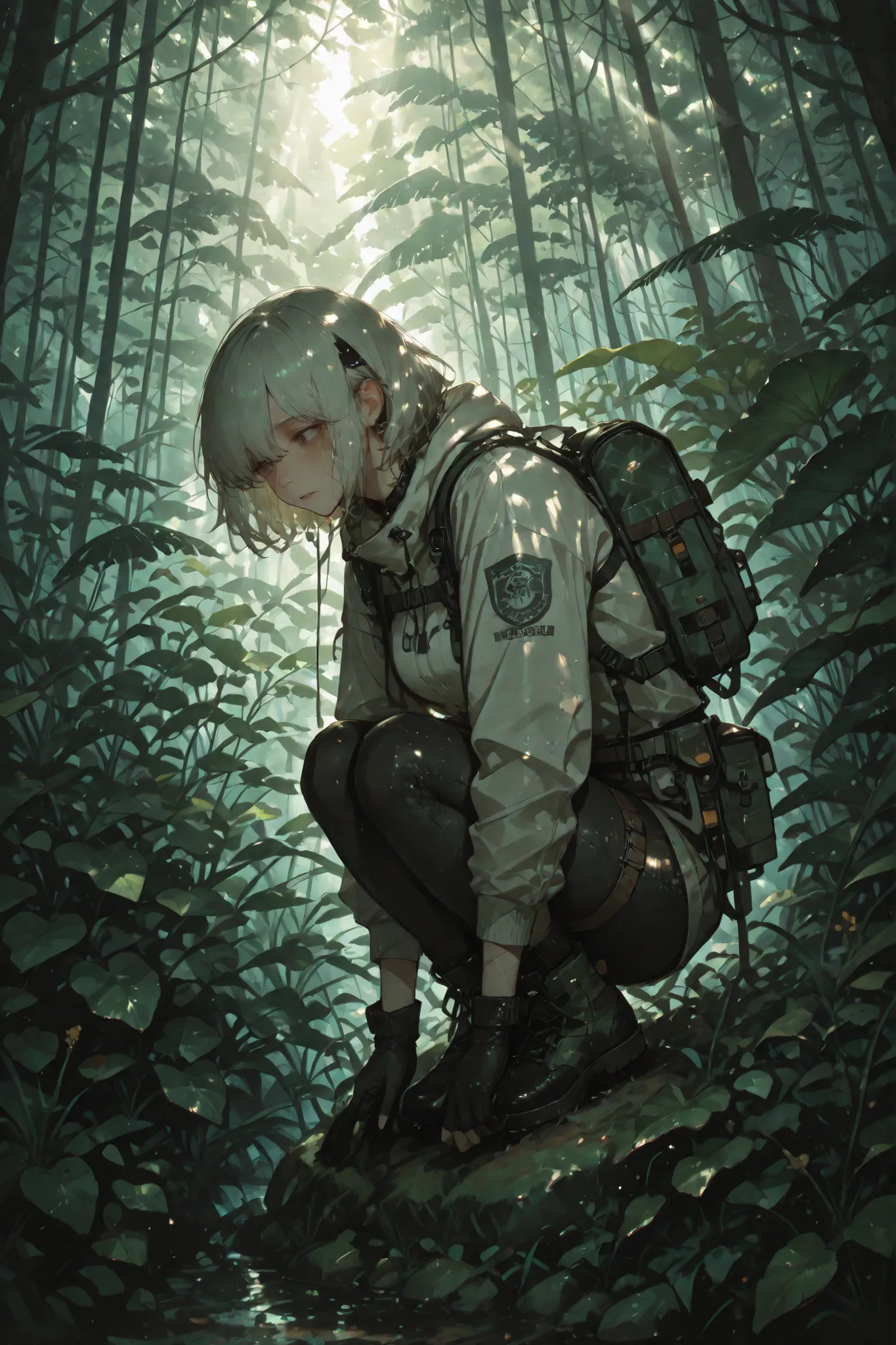 「uninhabited island survival 」。Only One Person on an Uninhabited Island、who is surviving？。Photographic illustration showing how people survive on an uninhabited island、Advanced Realistic Expression、Realistic Textures、Rainforest environment with sunlight sh...