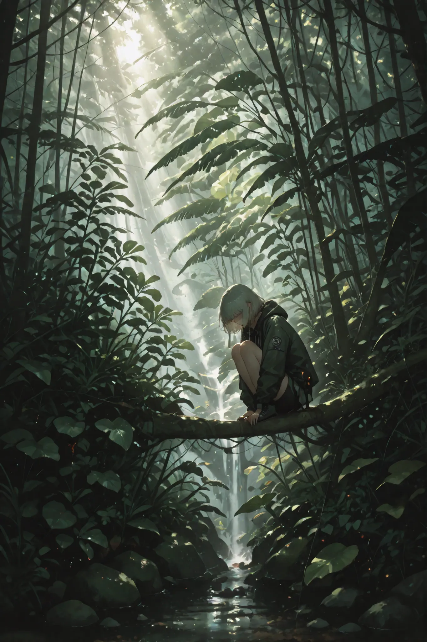 「uninhabited island survival 」。Only One Person on an Uninhabited Island、who is surviving？。Photographic illustration showing how people survive on an uninhabited island、Advanced Realistic Expression、Realistic Textures、Rainforest environment with sunlight sh...