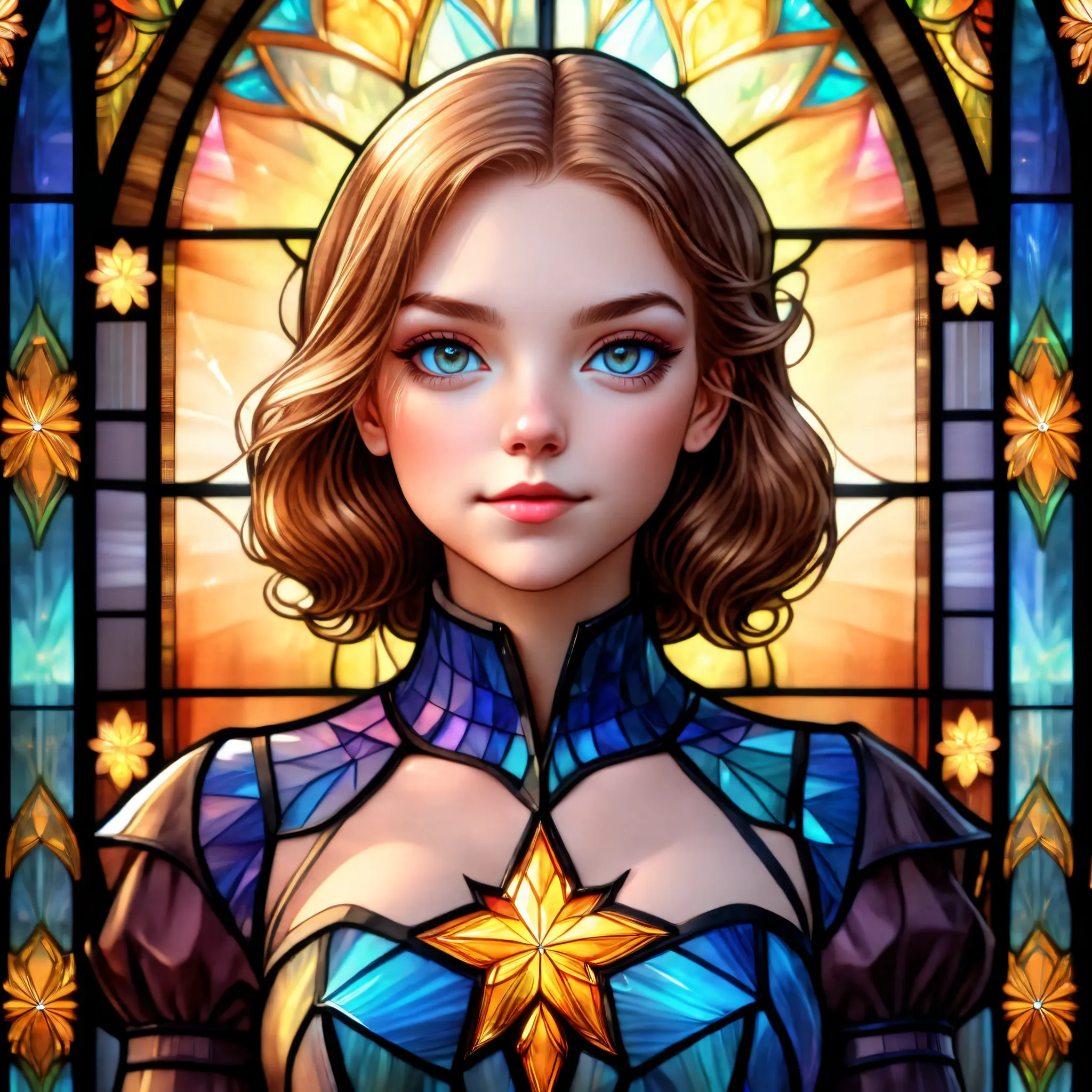 2D Stained Glass window, [friend] in window frame. symmetrical design, in the style of stained glass. Digital stained glass style. 1girl, looking at viewer, Stained Glass Portrait, asterism, Line art, masterpiece, best quality, extremely detailed, fine det...