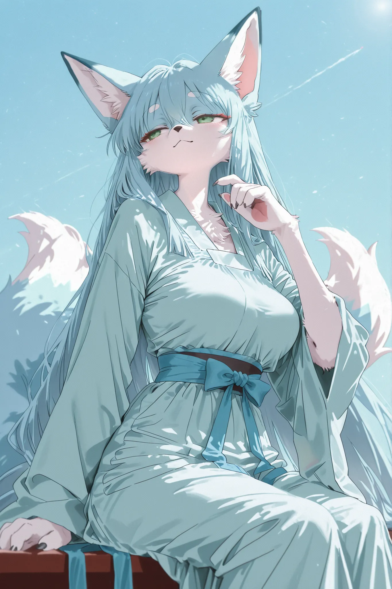 Kemono,Furry, fox woman, sky blue fur, long fluffy tail, big breasts, beautiful and elegant, wearing traditional Hanfu in sky blue, green eyes, kemono style, fluffy fur texture, long fox ears, shav, sit
