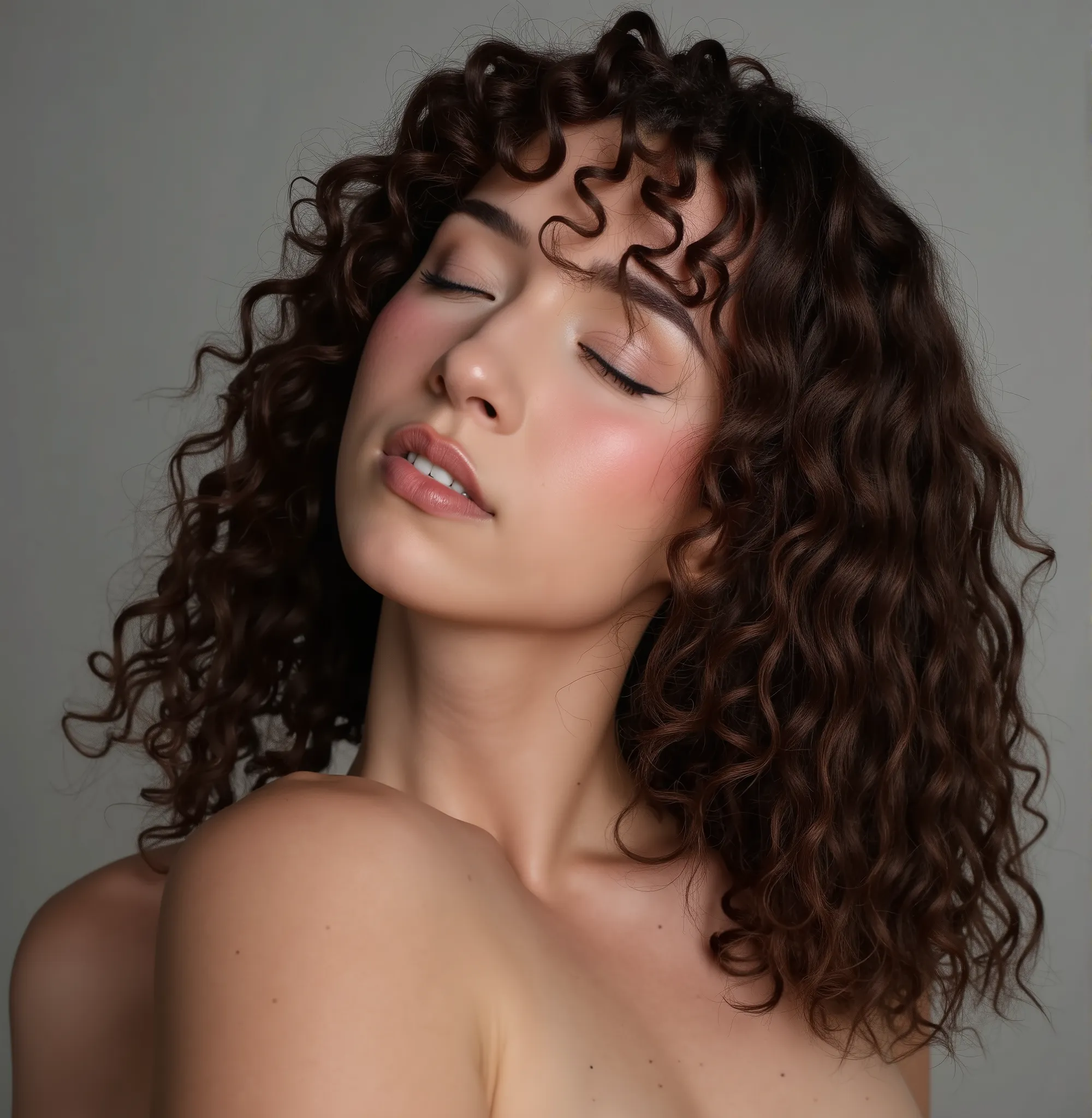 pokimane, A studio photography of a beautiful woman with her eyes closed, shot on sony a7riv camera, indoor, soft diffused studio lighting, minimalistic, photorealism, 4k resolution, ultra high quality, realistic proportions, low contrast, face focused, th...