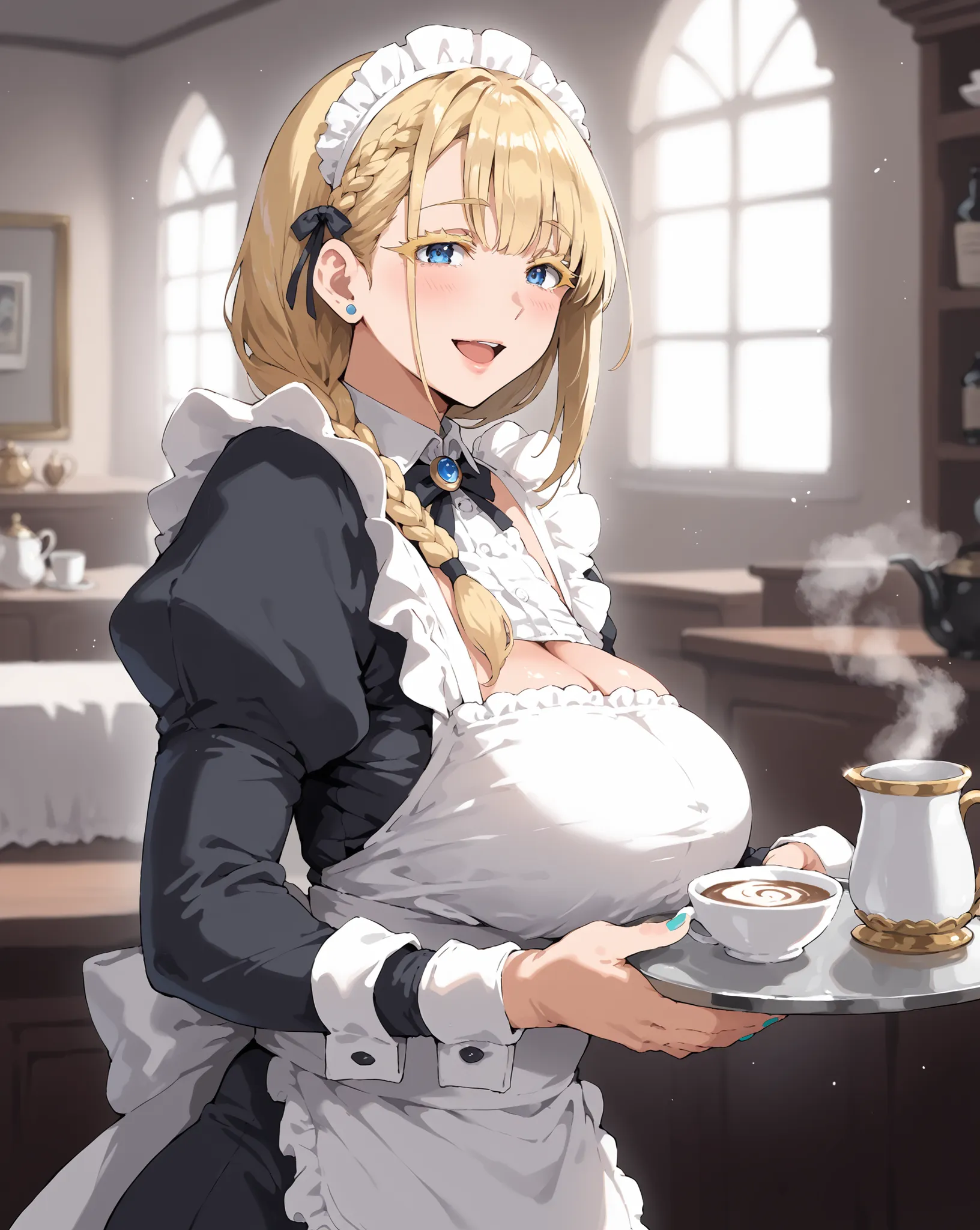 (SFW quality), score_9, score_8_up, close-up picture shot of a 28 yo milf, (close-up 3/4 body view), (mature woman artstyle), soft friendly face, smooth waist-long blonde hair with milkmaid crown-sidebraid and soft curtain bangs, sensual erotic lips, large...