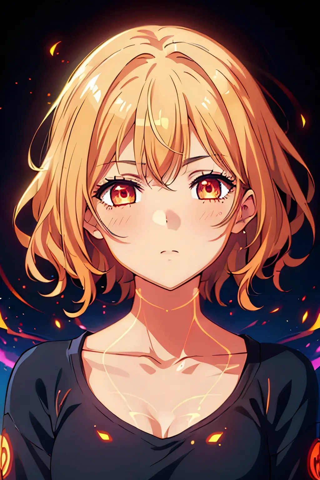 (high-quality, breathtaking),(expressive eyes, perfect face) 1girl, Symmetrical Eyes, aura, glowing, energy, cowboy shot, fire, glowing eyes, yellow aura, glow particle,translucent fluorescent,optical flares, glowingveins, red theme