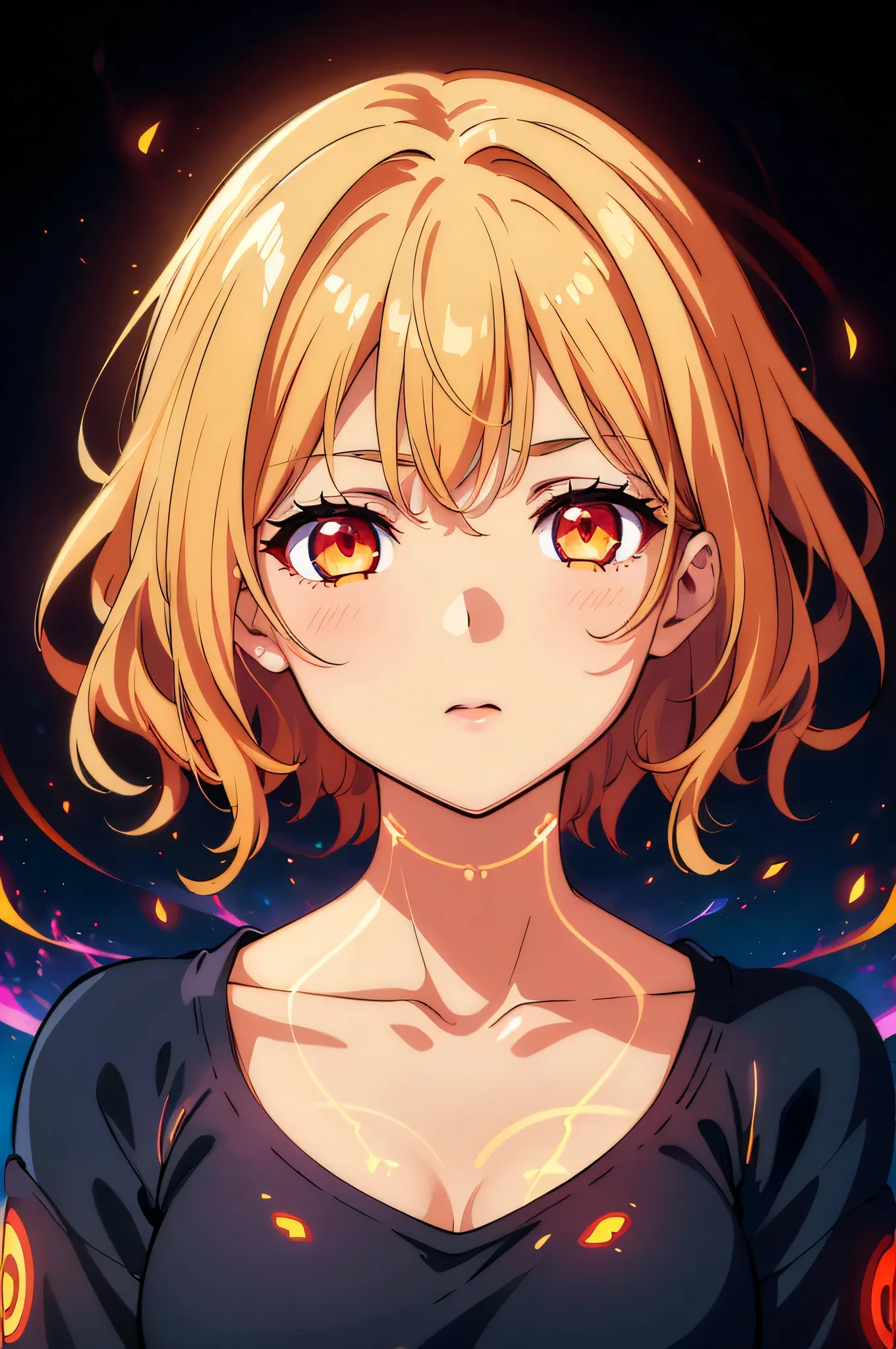 (high-quality, breathtaking),(expressive eyes, perfect face) 1girl, Symmetrical Eyes, aura, glowing, energy, cowboy shot, fire, glowing eyes, yellow aura, glow particle,translucent fluorescent,optical flares, glowingveins, red theme

