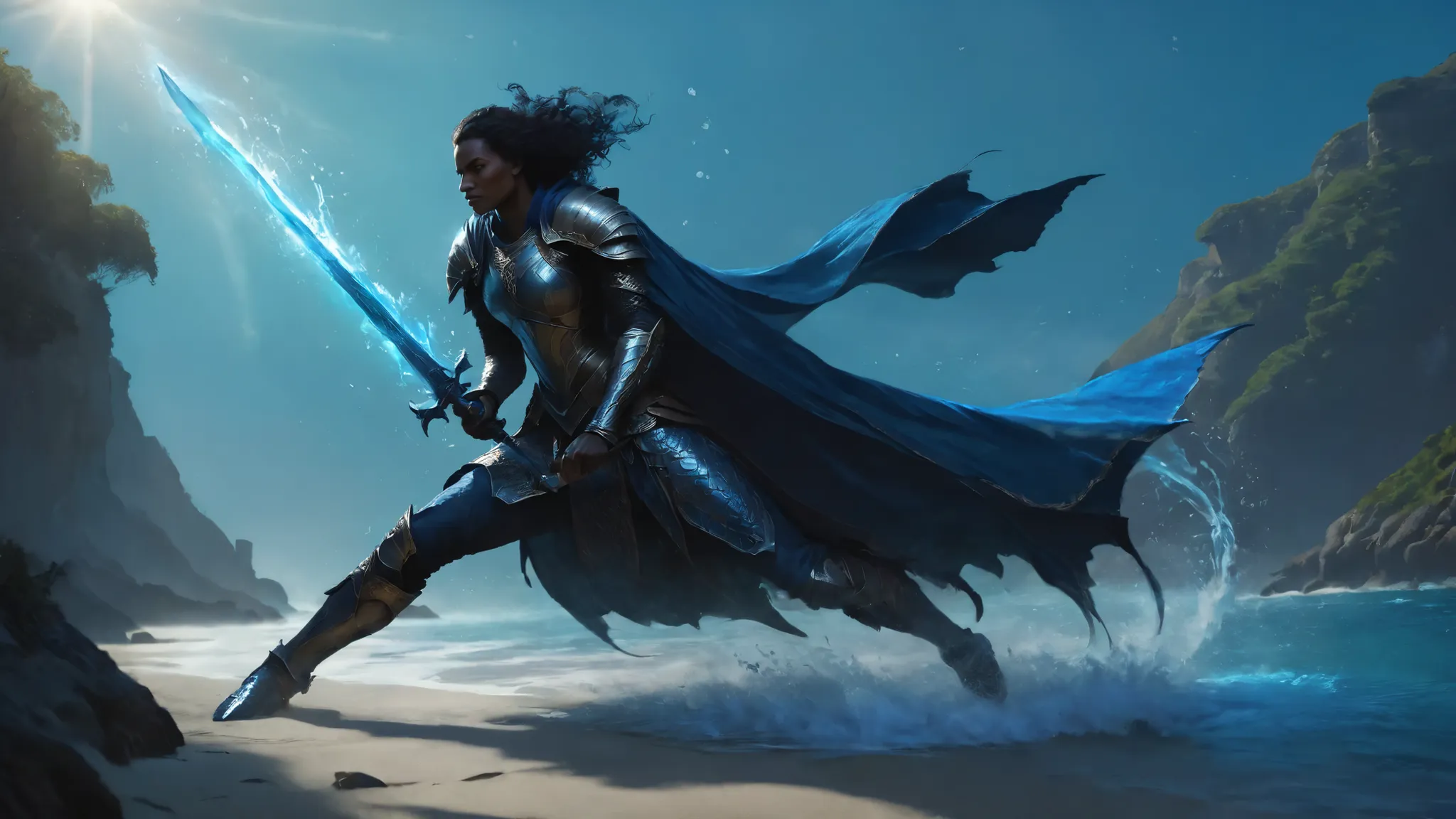 Masterpiece, best quality, absurdres, very aesthetic, detailed, high detail, depth of field, 8k, cinematic frame, fantasy warrior, brave perspective. Kedra, dark blue-gray skin, slender body, adult woman, mature woman, kind face, black hair, blue clothing,...