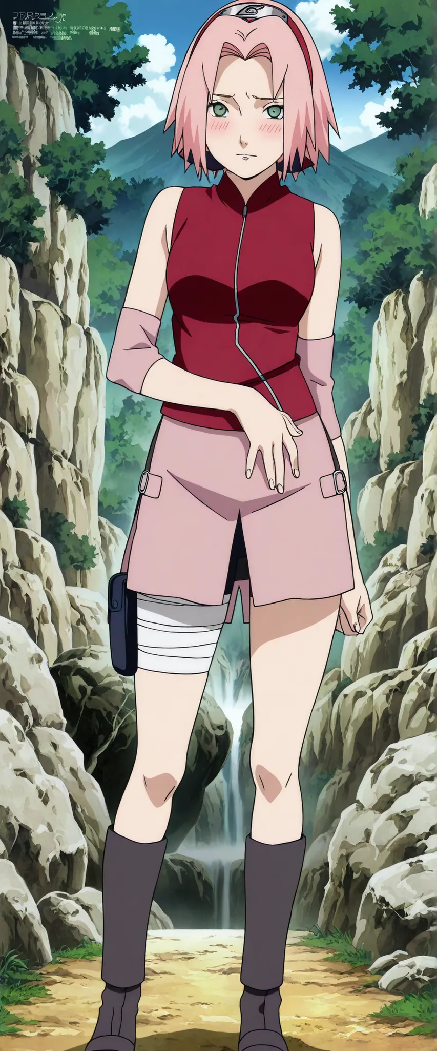1girl,haruno sakura Seductive pose,, BREAK pink hair, short hair, red hairband, green eyes, parted bangs, BREAK red sleeveless minidress, zipper, pink miniskirt, bandaged thigh, BREAK medium breasts, beautiful body, beautiful legs , masterpiece,best qualit...