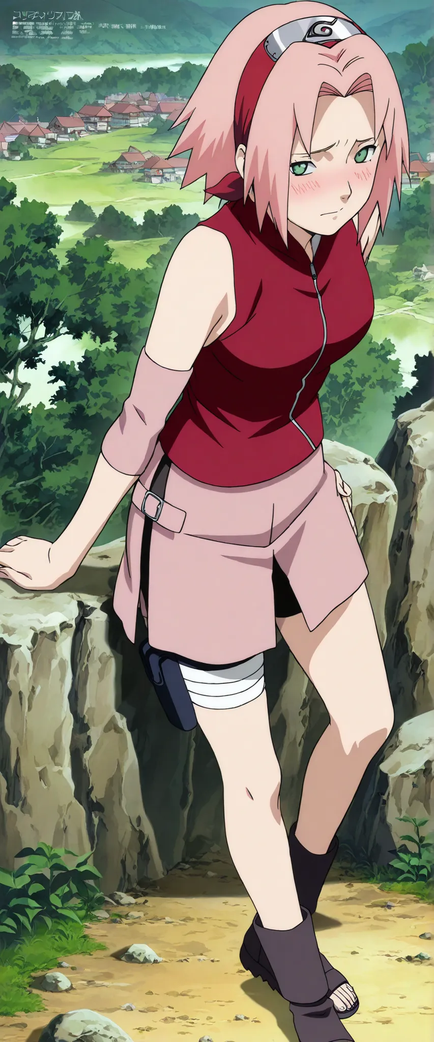 1girl,haruno sakura Seductive pose,, BREAK pink hair, short hair, red hairband, green eyes, parted bangs, BREAK red sleeveless minidress, zipper, pink miniskirt, bandaged thigh, BREAK medium breasts, beautiful body, beautiful legs , masterpiece,best qualit...