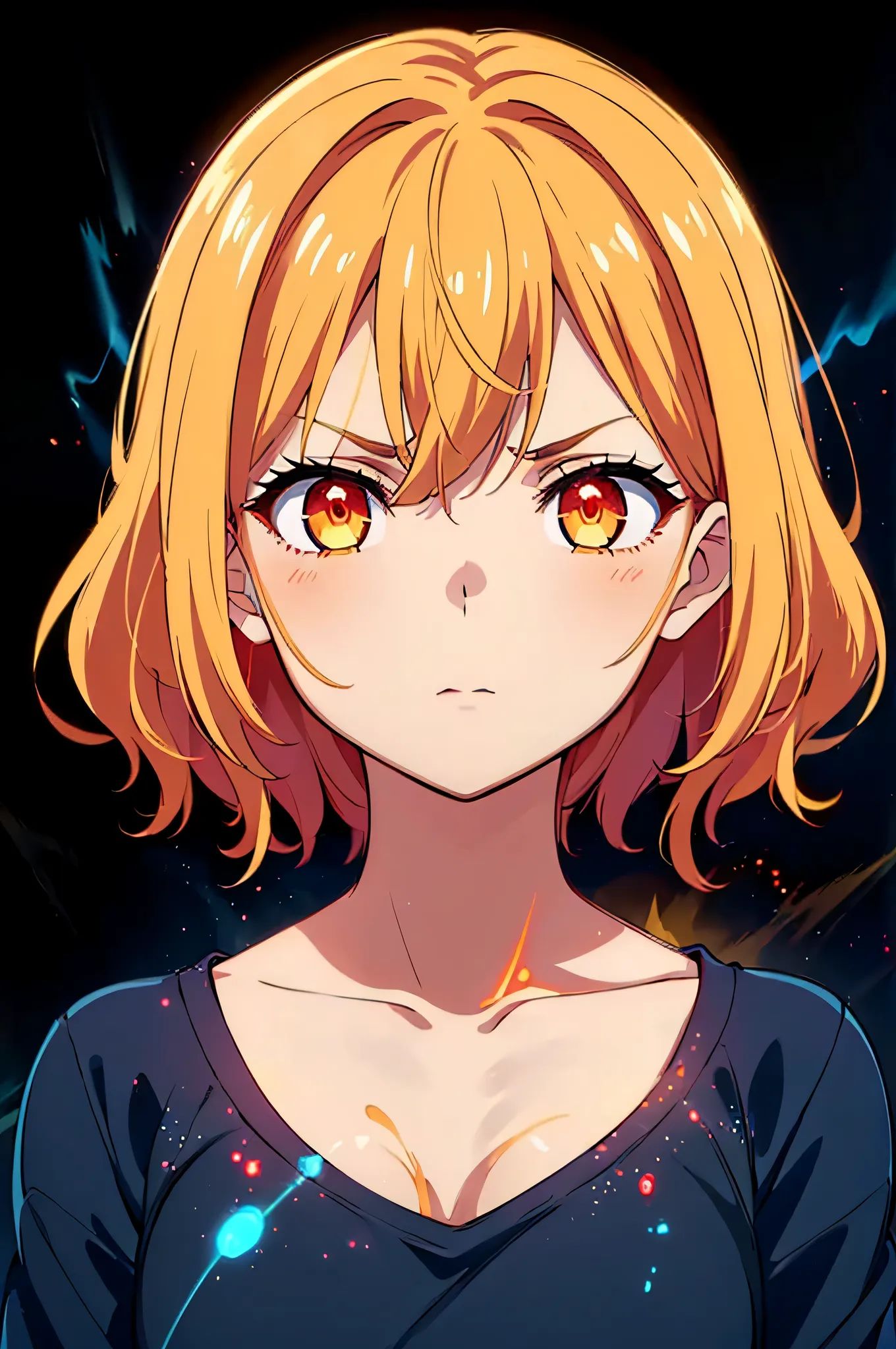 (high-quality, breathtaking),(expressive eyes, perfect face) 1girl, Symmetrical Eyes, aura, glowing, energy, cowboy shot, fire, glowing eyes, yellow aura, glow particle,translucent fluorescent,optical flares, glowingveins, red theme, serious expression, gl...