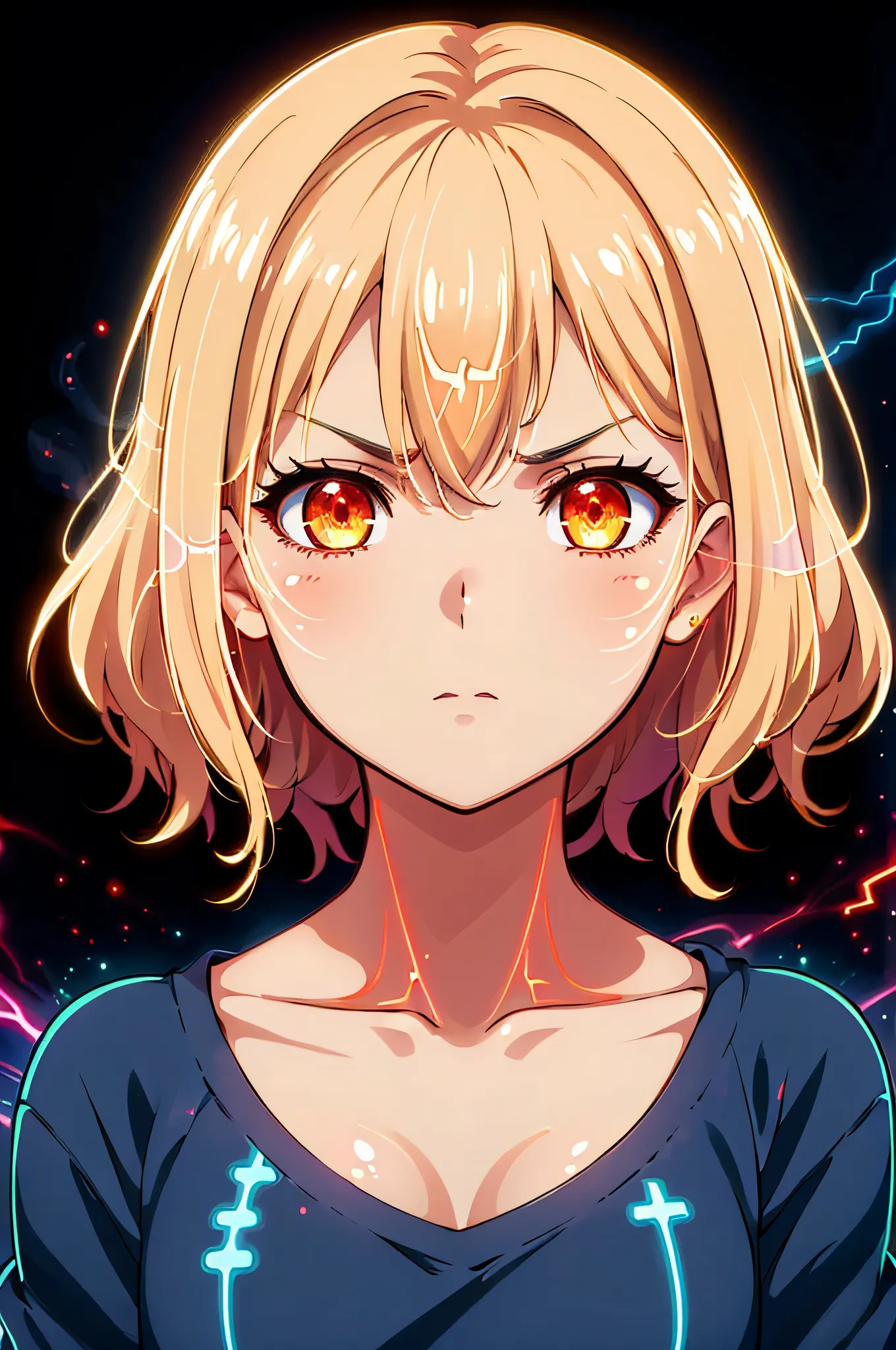 (high-quality, breathtaking),(expressive eyes, perfect face) 1girl, Symmetrical Eyes, aura, glowing, energy, cowboy shot, fire, glowing eyes, yellow aura, glow particle,translucent fluorescent,optical flares, glowingveins, red theme, serious expression, gl...