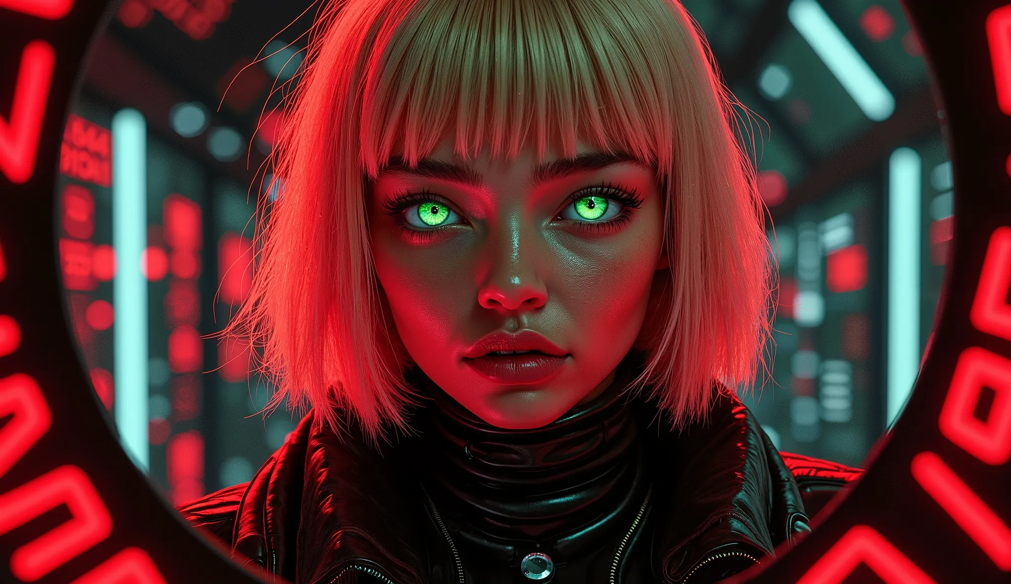  Portrait of a futuristic blonde green eyes slim lips, cyberpunk rebel leader, girl, centered, adorned with revolutionary tech, in a hidden, underground bunker, shifting red  holographic interfaces, 4k, glitch, inspiring, digital art style, hyperrealism, c...