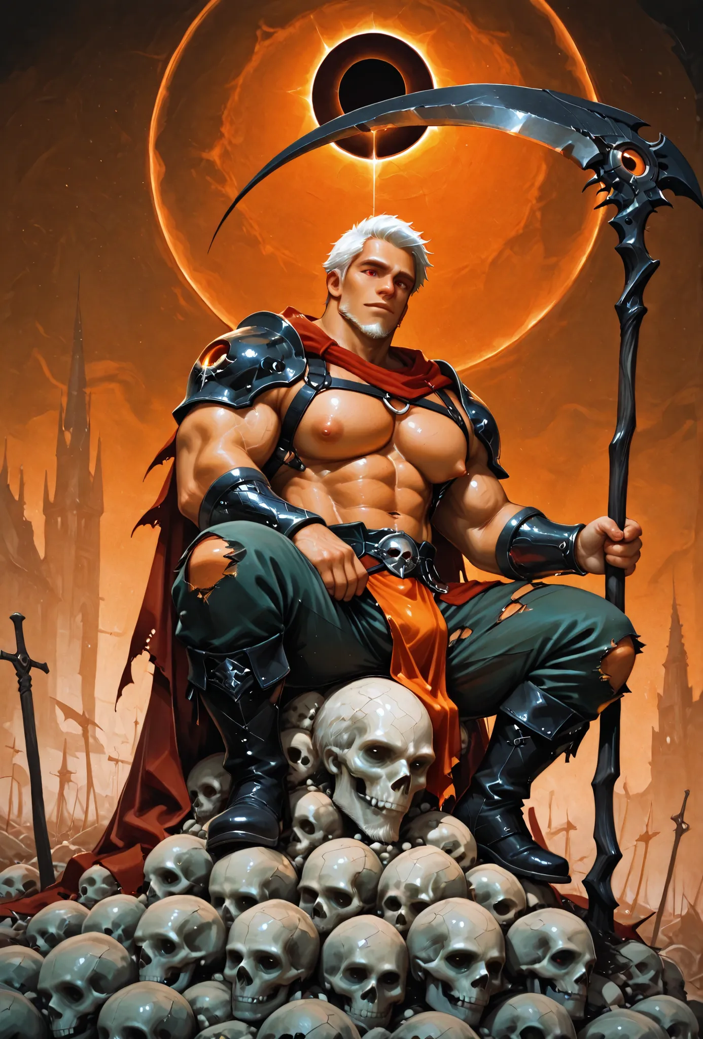 traditional media, 1boy, male focus, bara, muscular, puffy nipples, white hair, short hair, goatee, red eyes, torn red cape, shoulder armor, bracer, harness, dark green pants, black boots, squatting, sitting, holding ornate scythe, on a pile of skulls, rea...