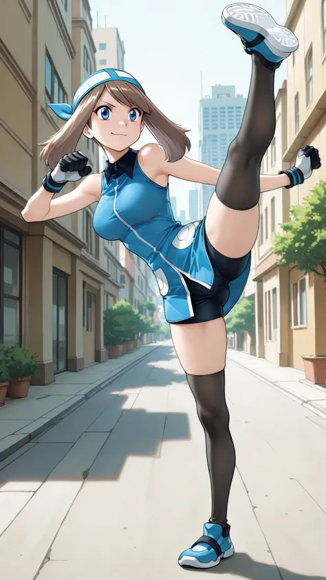 adult older sister, Tall, big boobs, high kick, raised one leg, Kick High, sidekick, black knee-high stockings, Absolute region, thighs, Blue shoes, ((top quality)), ((masterpiece)), ((details)), ((anime screenshot, anime cong, )) SapphireBirchILXL, solo, ...