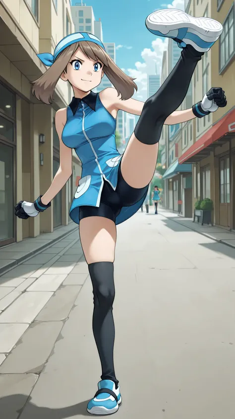 adult older sister, Tall, big boobs, high kick, Kick the viewer, black knee-high stockings, Absolute region, thighs, Blue shoes, ((top quality)), ((masterpiece)), ((details)), ((anime screenshot, anime cong, )) SapphireBirchILXL, solo, 1girl, two legs, two...