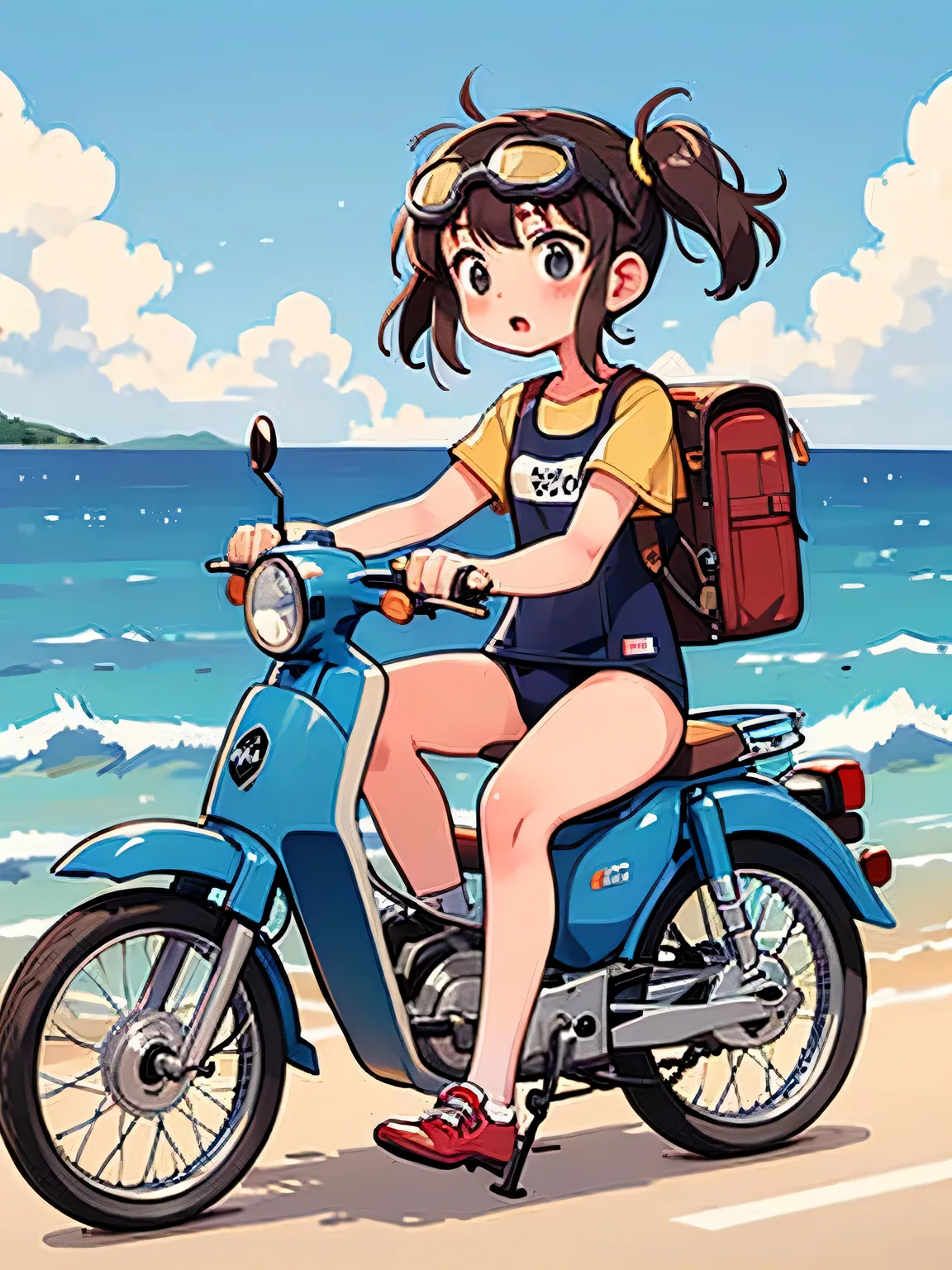 masterpiece，32K，UHD High Definition，octa rendering，steampunk，( Ultra-fine: 1.2)，young girls，  Ride a Super Cub ，cute， very small body ， thin thighs，skinny，  small yellow super cub  ，school swimsuit， Semi-long twin tail full of luggage ，black hair，Goggles，S...