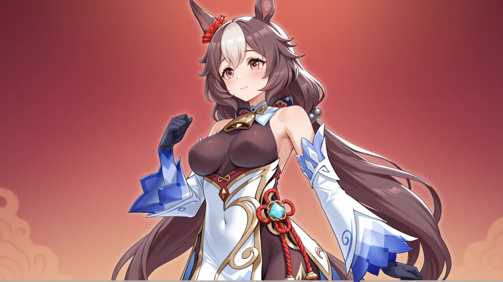 yamanin zephyr（Uma Musume）, Uma Musume, solo, [top quality], [Super beautiful CG], [Highly Detailed CG], [Super Detailed], [CG illustration], [high resolution], [extremely delicate and beautiful],  very detailed skin, Medium Breasts,  genshin ganyu cosplay...
