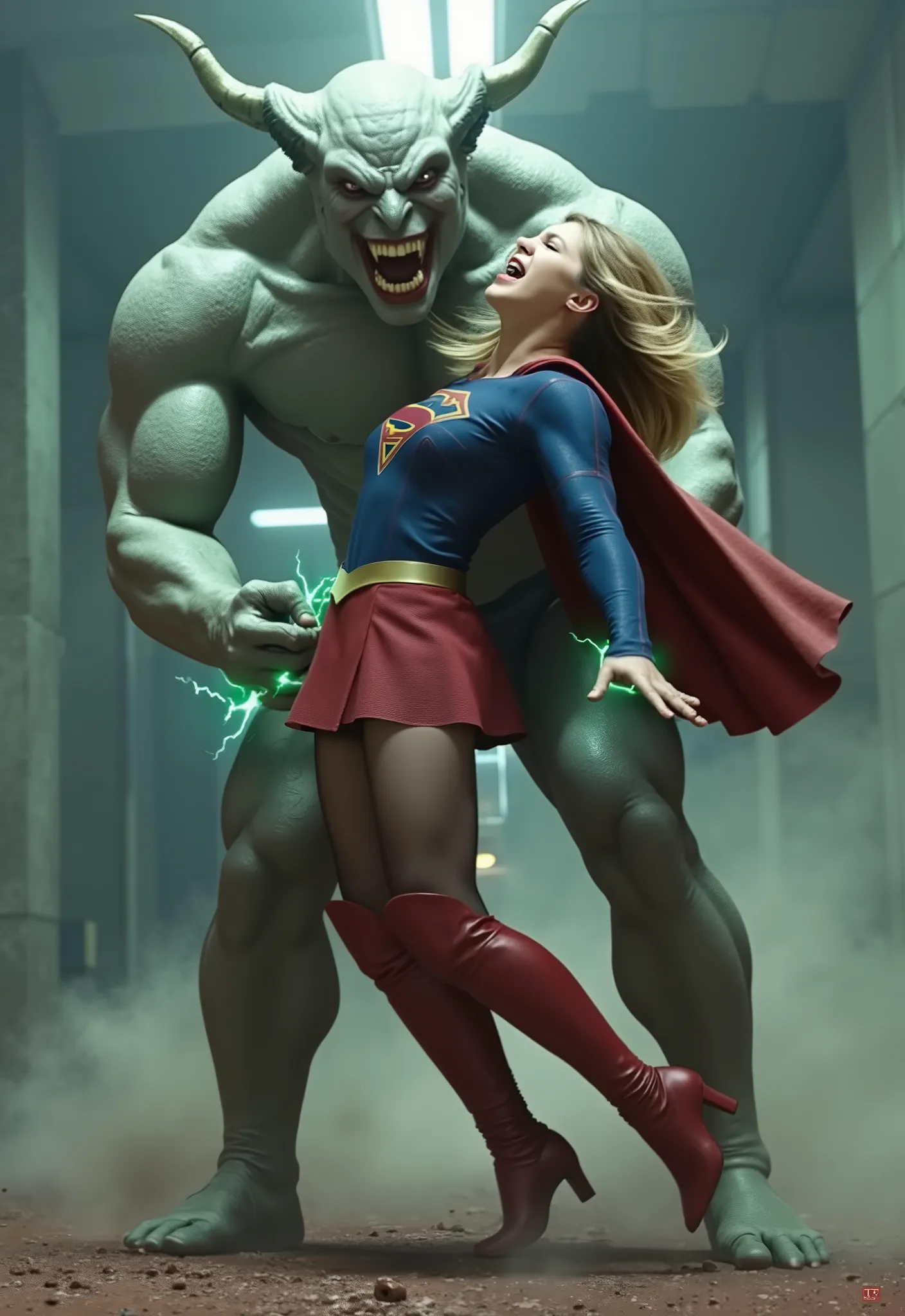 Melissa Benoist as Supergirl, fighting with a strong fierce devils, she push the devil's chest out, she is screaming in pain, painful face, screaming and shouting in pain, her arms are tied with green lighting chain, she is wearing a Supergirl costume, blu...