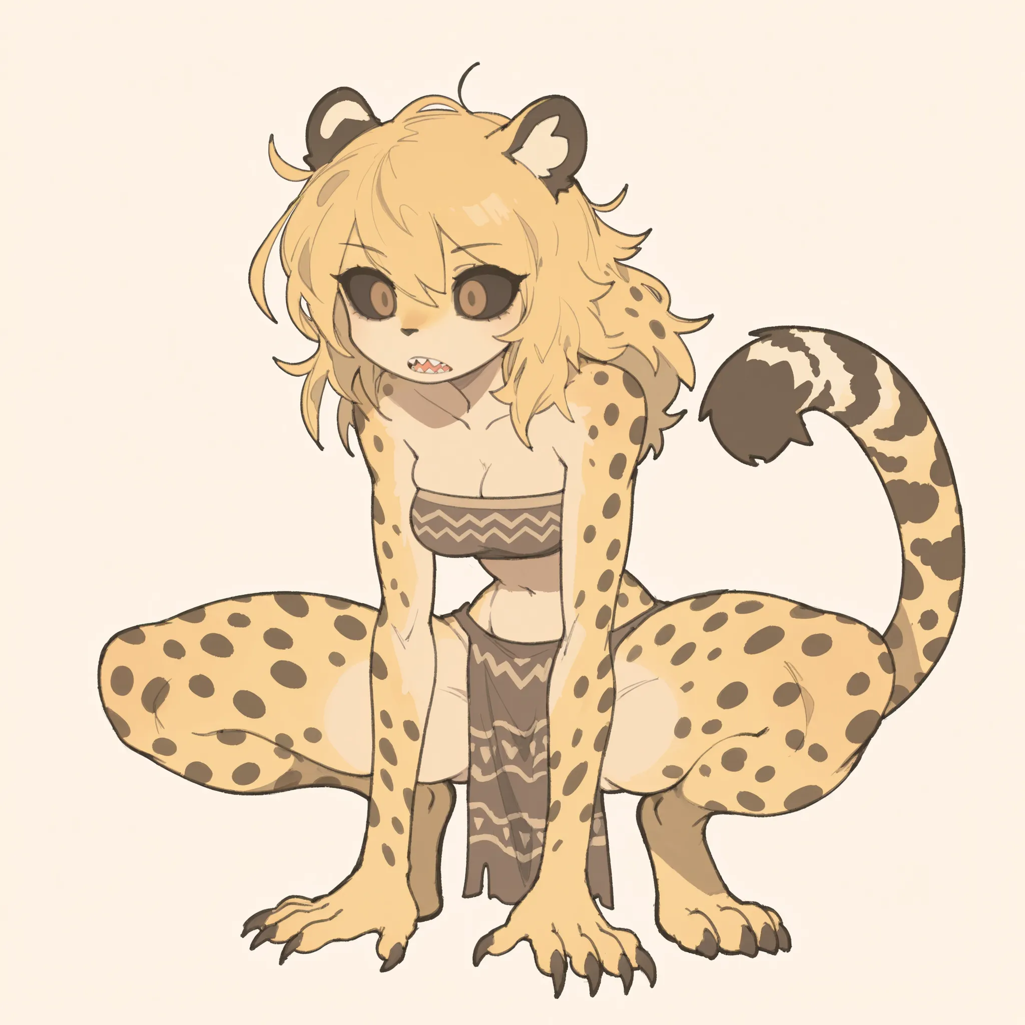 masterpiece, ultra-HD, impressionism, high detail, best quality, very aesthetic, 8k, best quality, beautiful, tmchng, 1girl, solo, cheetah, yellow fur, cheetah patterns, short messy blonde hair, black sclera, brown eyes, cheetah tail, cheetah ears, claws, ...