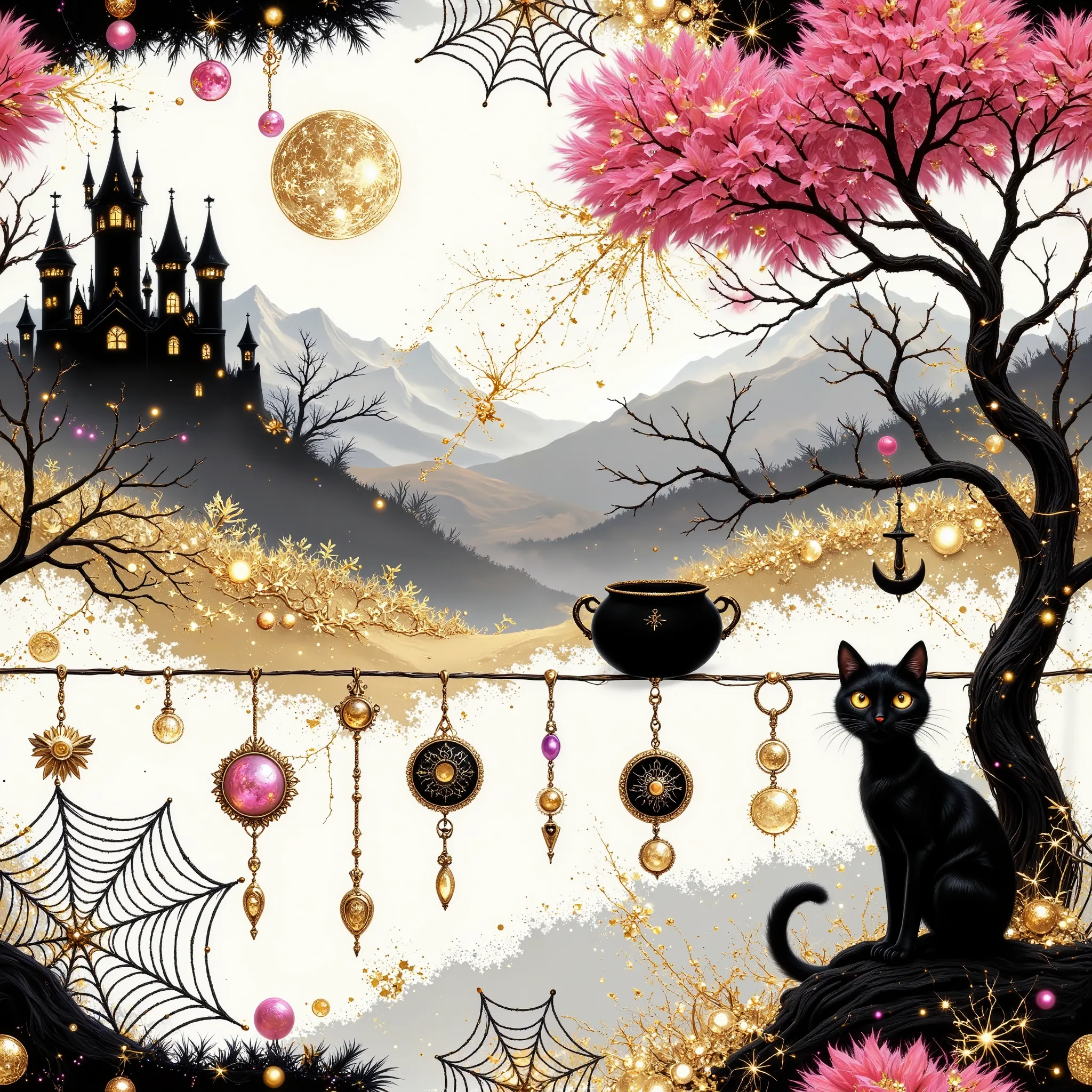 ((((smlstxtr)))), white-black-pink-gold, digital art, SEAMLESS PATTERN-landscape-haze,bracelets,amulets,spider web. creative, the line on which the black cat sits, the witch's cauldron, the gnarled tree, the moon, the castle,pixar,cartoon, on a white backg...