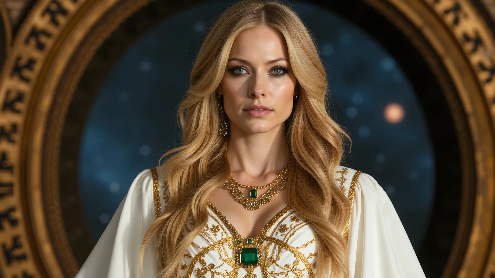 A beautiful woman of full stature with slightly slanted golden eyes. She has long blonde hair in waves around her face and flawless skin. She wears heavy gold and emerald jewelry. Her white dress has gold embroidery, has a high collar, and is fitted at th...