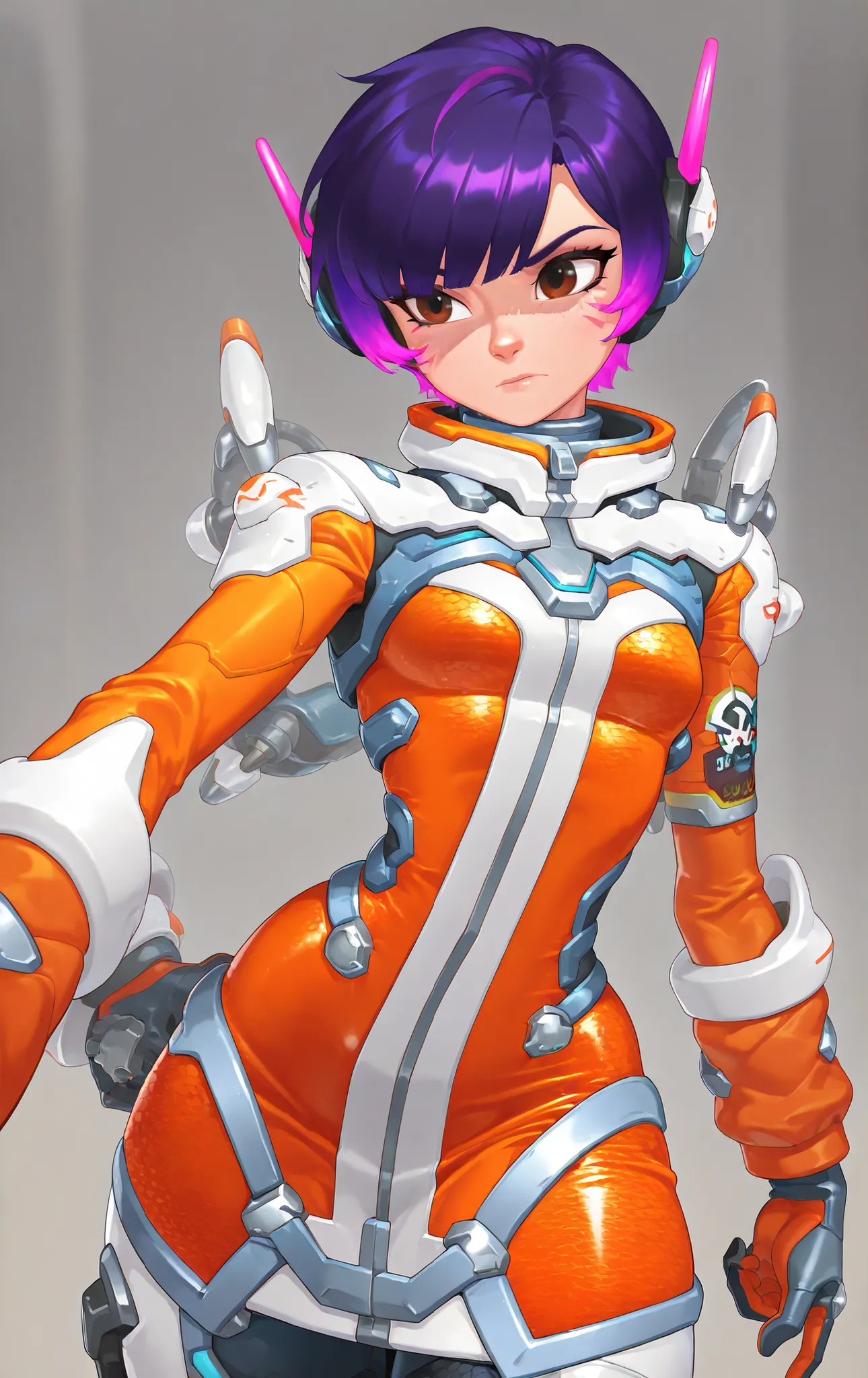 High quality, 1 girl, Juno Teo Minh ((Juno Teo Minh)) from Overwatch, big hips, cout dress, , BREAK junoSDXL, 1girl, short hair, Gloves, pink hair, purple hair, brown eyes, straight bangs, orange swimsuit, skin, orange uniform, She is upset, looks disappro...