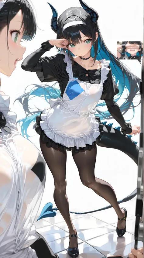 (((White background)))(Ragged shirt)A woman in a black maid outfit black hair very long hair, Updo Have a big crystal ballFull body black Adult woman with dragon horns and tail black hair(High resolution masterpiece, high resolution, high pass filter in se...