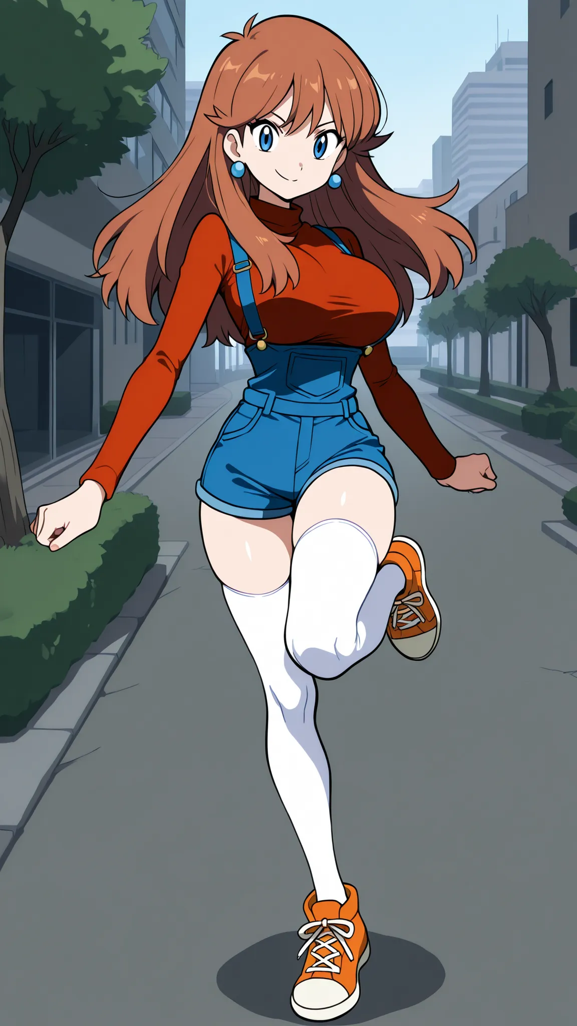adult older sister, Tall, big boobs, slim sexy body that can be licked by mobs, orange sneakers with hee-cups, raised one leg, Kick High, sidekick, bare hands, red long sleeve shirt, blue overalls denim overalls, white knee-high stockings, Absolute region,...