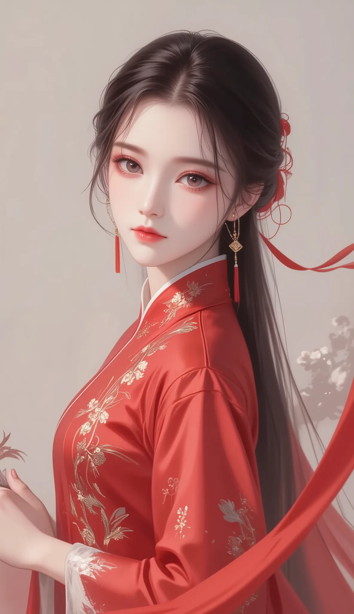 Young woman in a red vintage Chinese dress. Simple hairstyle