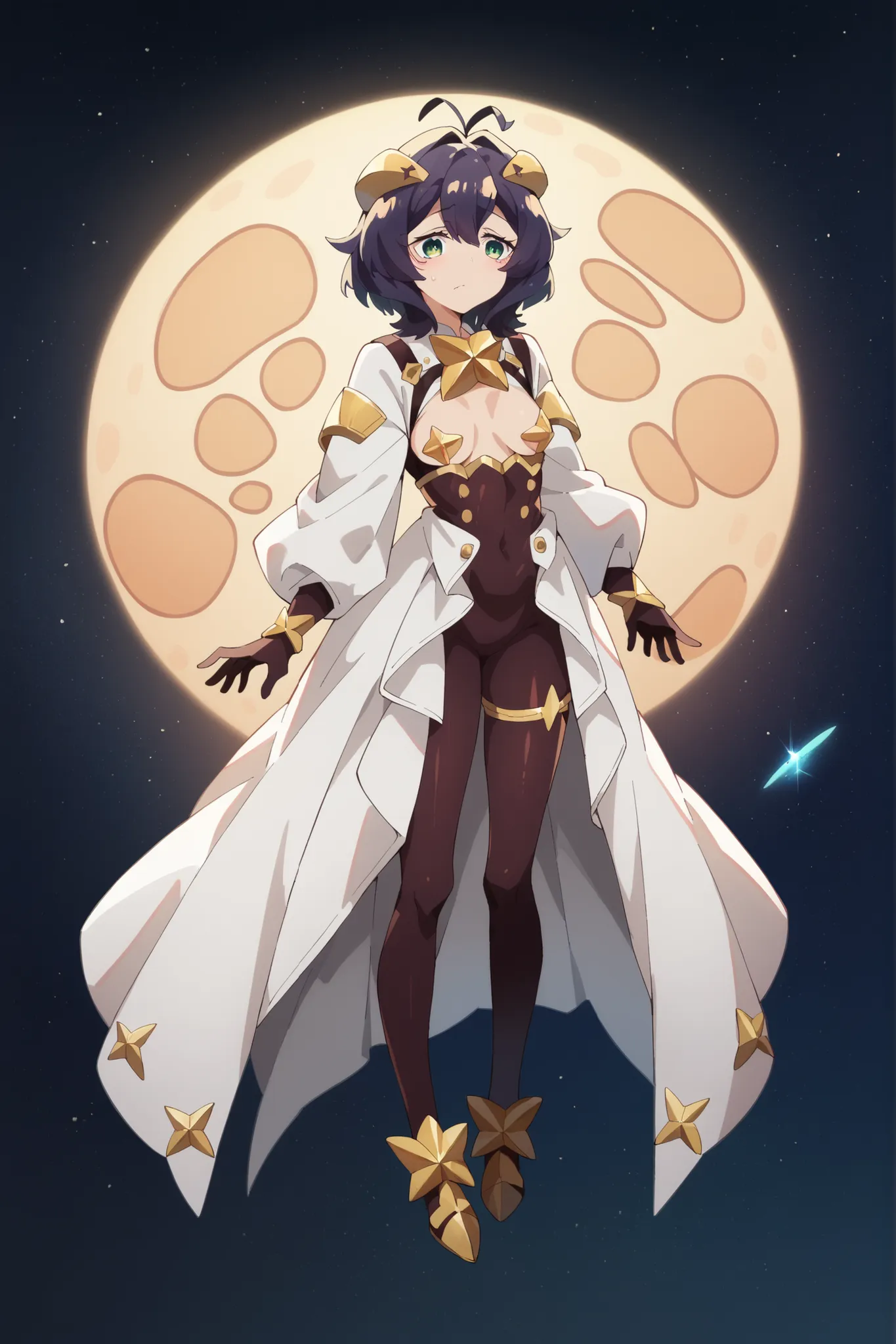 Full body depiction, forward facing, overacting, Hiiragi Utena, wearing an enamel type white plug suit and ready for battle, outer space, behind is the entrance to another dimension, at the entrance is a female executive of a secret society ready for battl...