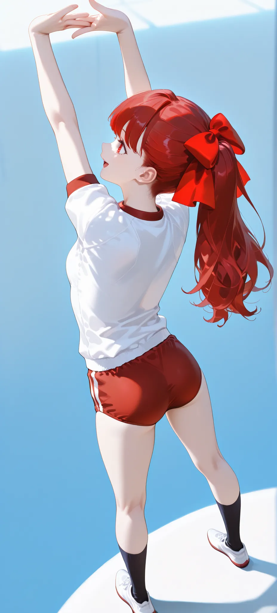 Cinematic Lighting,stretch your arm:1.4,1 girl,(砂のGround:),Viewpoint from the ground,reaching arms up:1.3,hands view out ,1.3,Black Socks,Yoga Poses,Thick Coating,masterpiece,full body:1.3,long shot,beautiful red gradation eyes,Soft colors,(profile:1.2),(s...