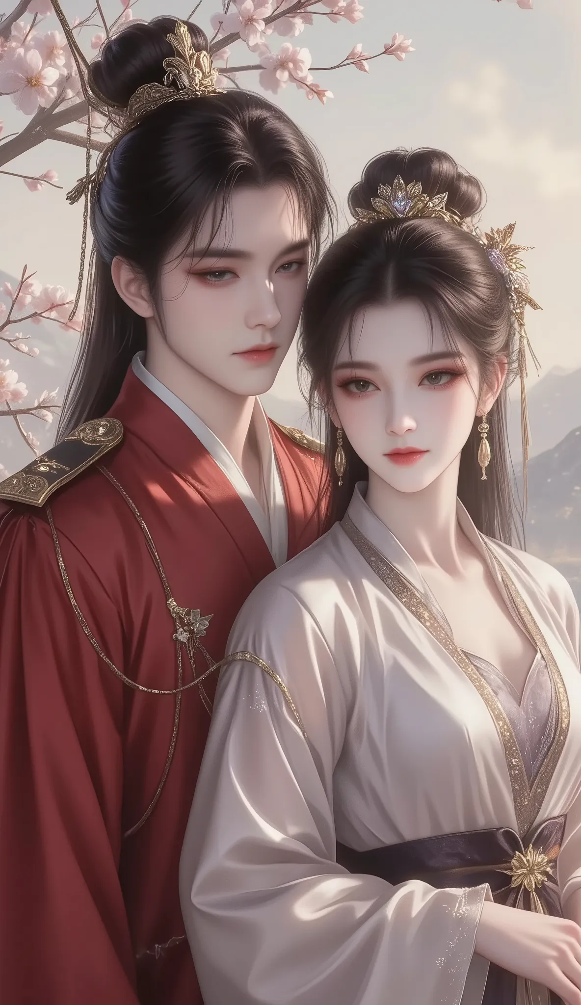 Couple in simple red antique chinese dress, Male captain, pretty girl,looking forward