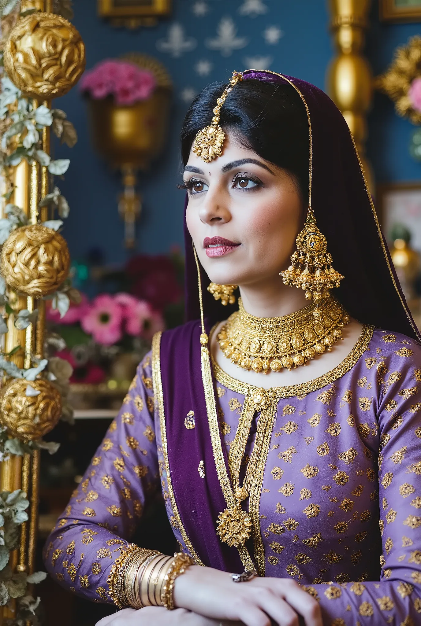 A photo-realistic 1960s shoot from a portrait camera angle about a woman dressed in traditional indian attire, adorned with gold and purple accessories, standing in a luxurious indoor setting. the image also shows a woman in the middle of the frame, who ap...