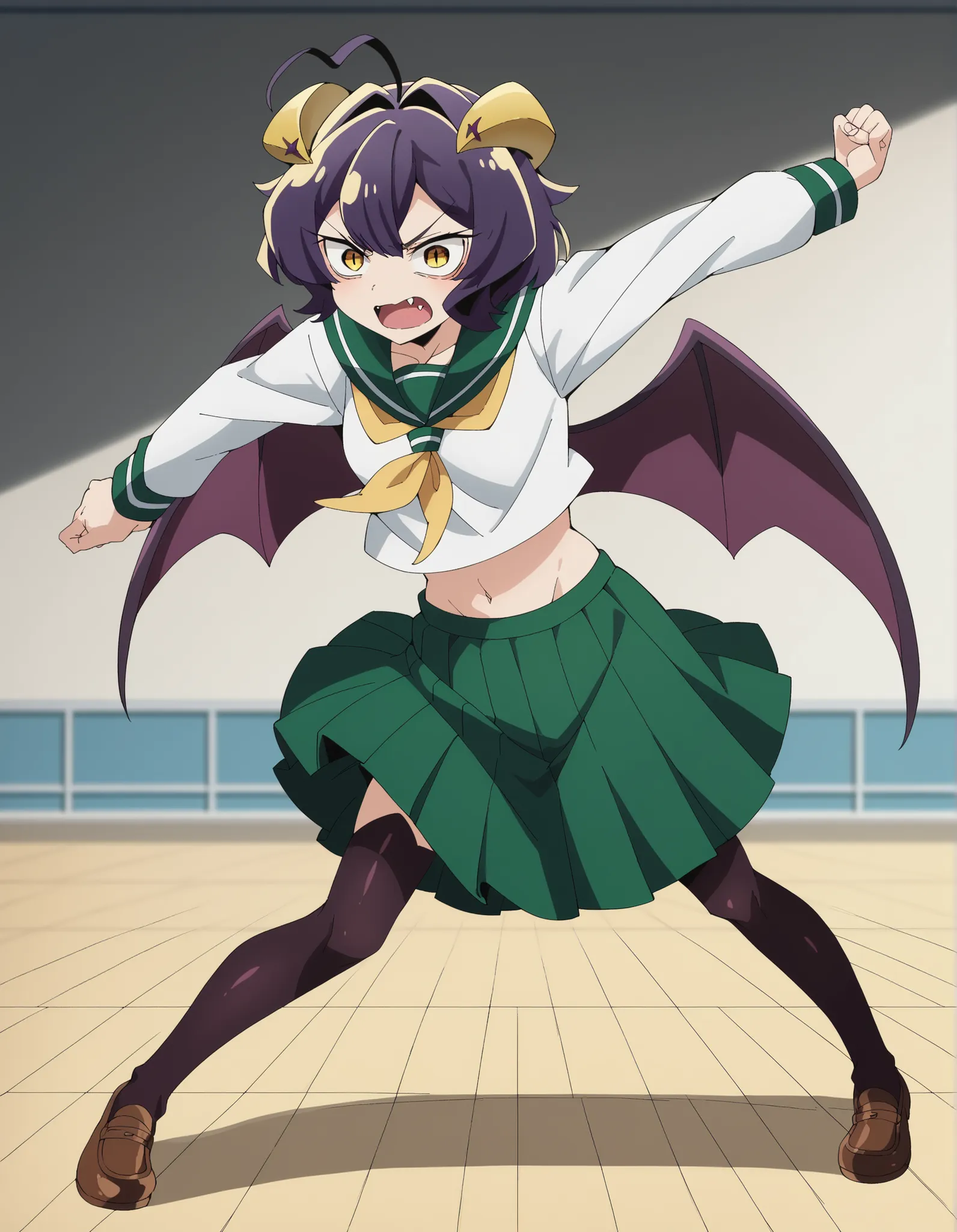 Full body depiction, forward-looking, overacting, fighting stance, sharp eyes, time gap, utena hiiragi, short hair, yellow eyes, purple hair, ahoge, hair intakes,,skirt, shirt, long sleeves, school uniform, white shirt, pleated skirt, serafuku, sailor coll...