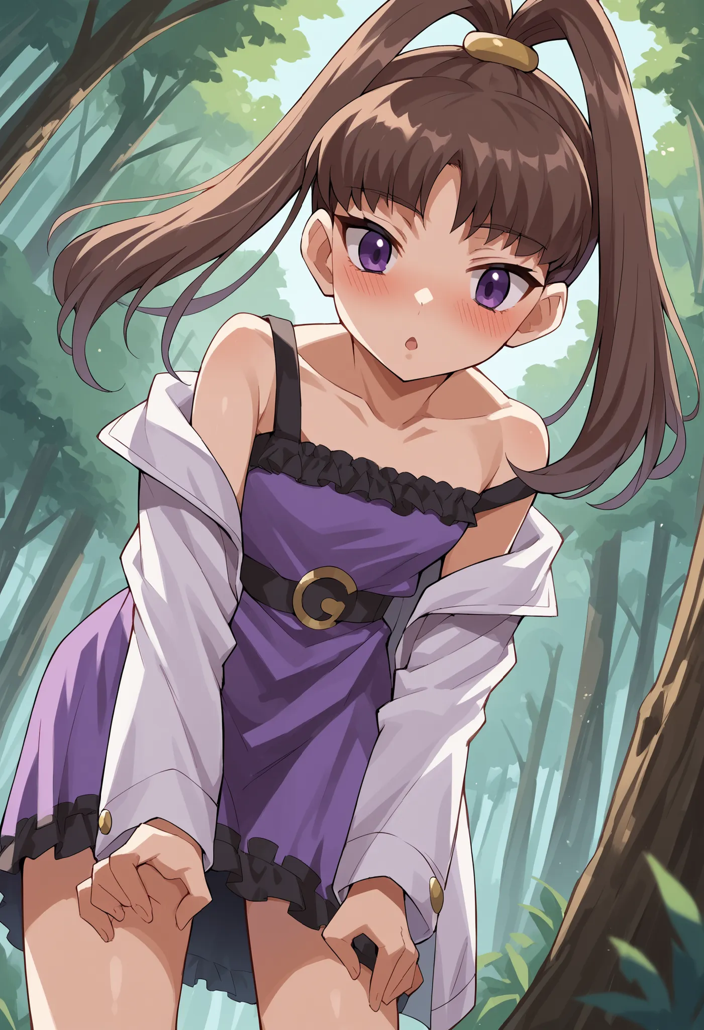 1girl, Brown hair, high ponytail, purple eyes, jewelry, short dress, purple dress, Pink coat, bent over, outdoors, forest, hand on hair, chestnut mouth, blushing, from below, off shoulder  score_9, score_8_up, score_7_up, score_6_up, score_5_up, score_4_up...