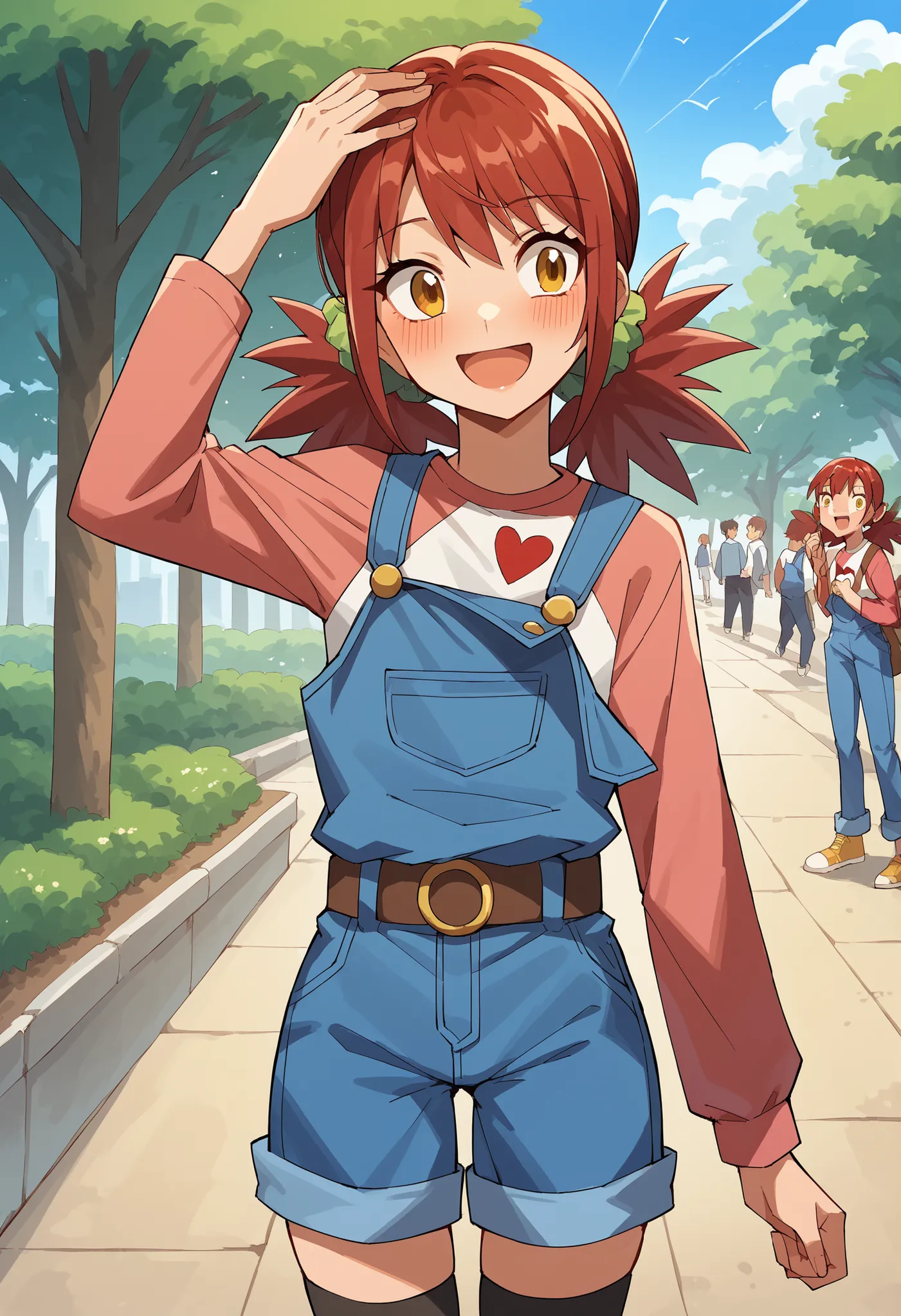1girl, red hair, yellow eyes, twintails, scrunchie, two-tone shirt, long sleeves, heart print, overalls, shorts, belt, hand on head, nervous smile, blushing, looking to the side, open mouth, outdoors, park, cowboy shot, thighhighs,  score_9, score_8_up, sc...