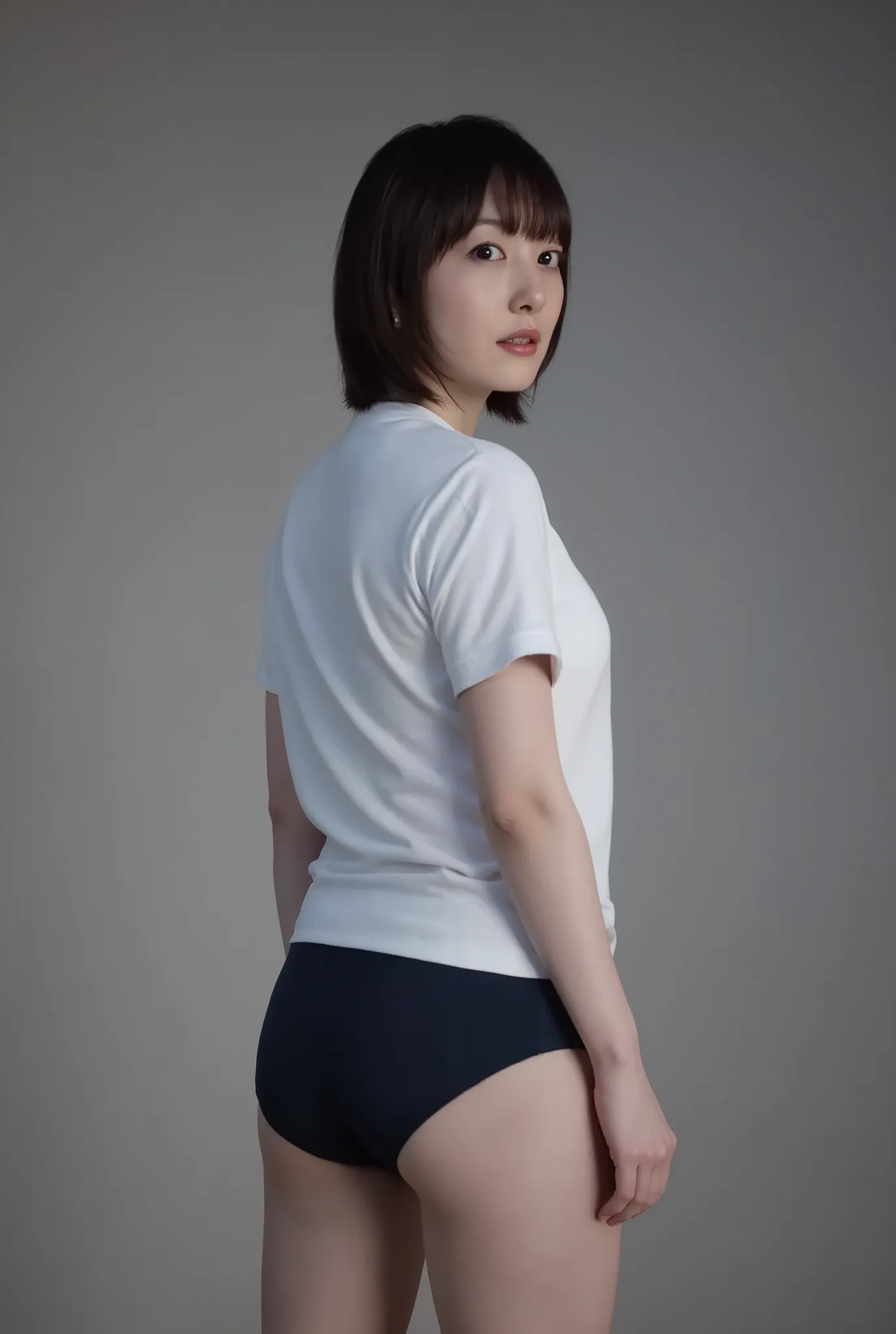 (masterpiece:1.3), ultra-high-definition, (genuine:1.3), super quality, (8K resolution:1.3), ultra-high resolution, ultra-realistic, (professional lighting:1.3), beautiful Japanese woman from under her feet, short hair, standing, school gymnasium dark blue...